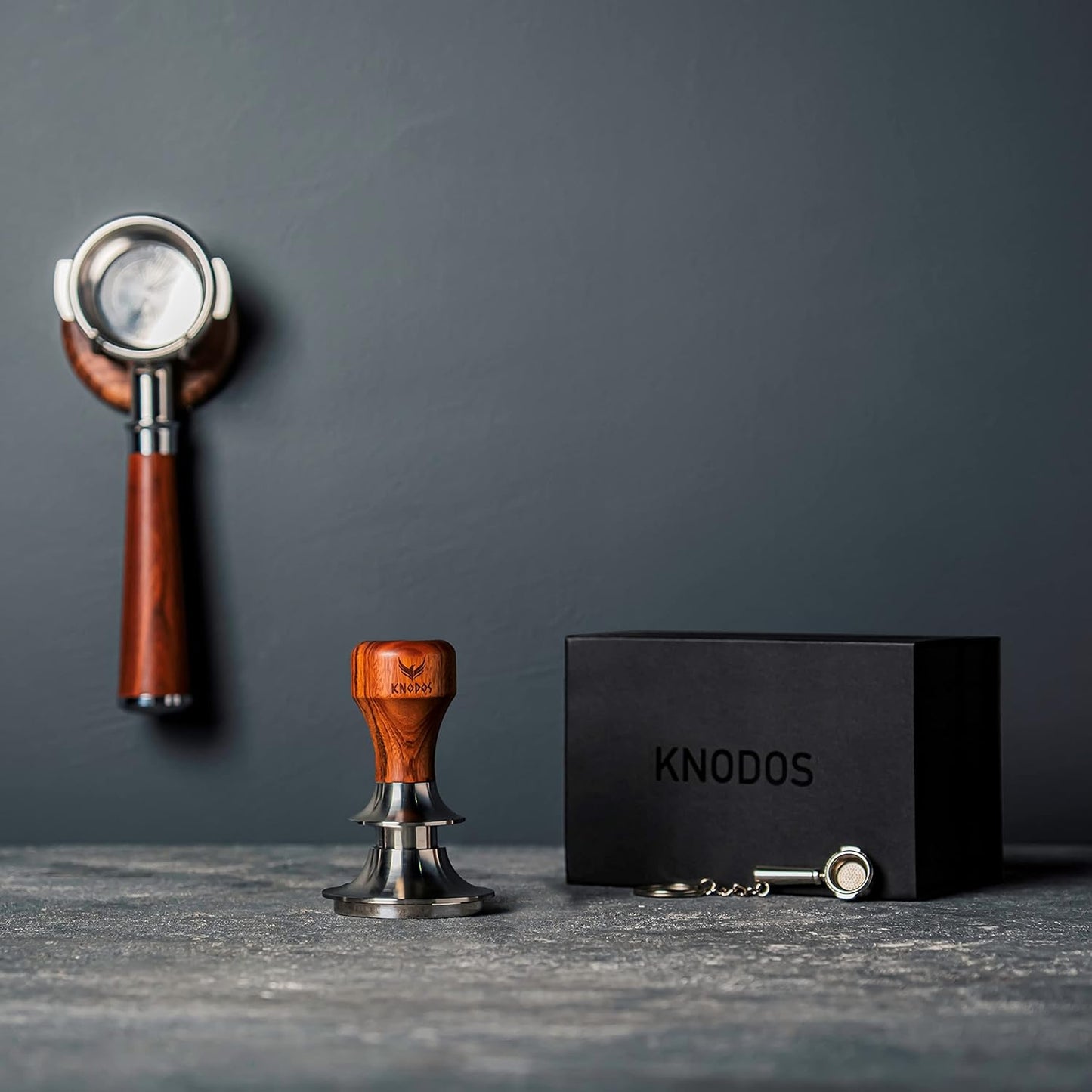 58mm Gaggia Espresso Accessories Kit –Rosewood Naked Portafilter, Auto-Level Espresso Press, Ground Distribution Tool, Wooden Barista Holder & Coffee Puck Knock Bin