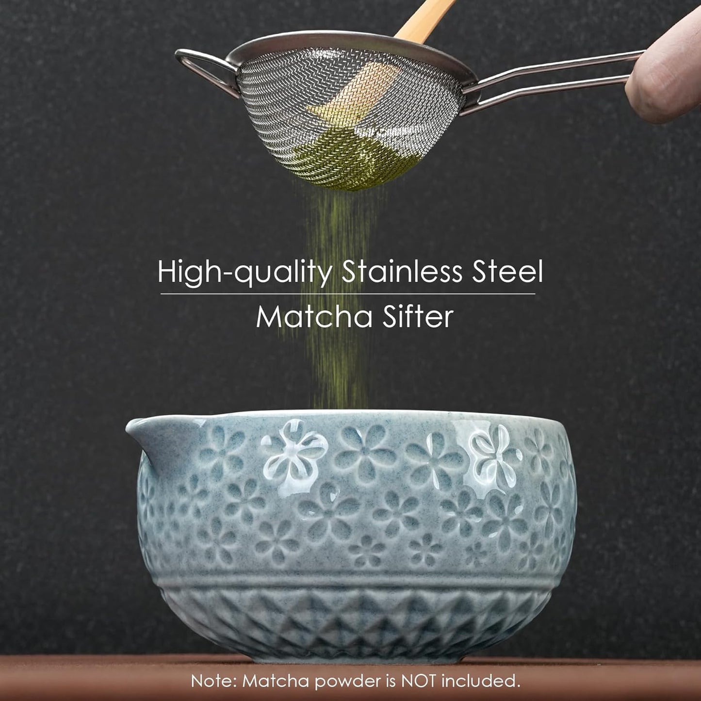 7Pcs Matcha Whisk Set, Ceramic Matcha Bowl with Spout,Bamboo Whisk and Holder, Bamboo Scoop,Scoop Rest,Sifter and Tea Towel,Matcha Kit w/Cherry Blossom Carved Pattern (Blue)