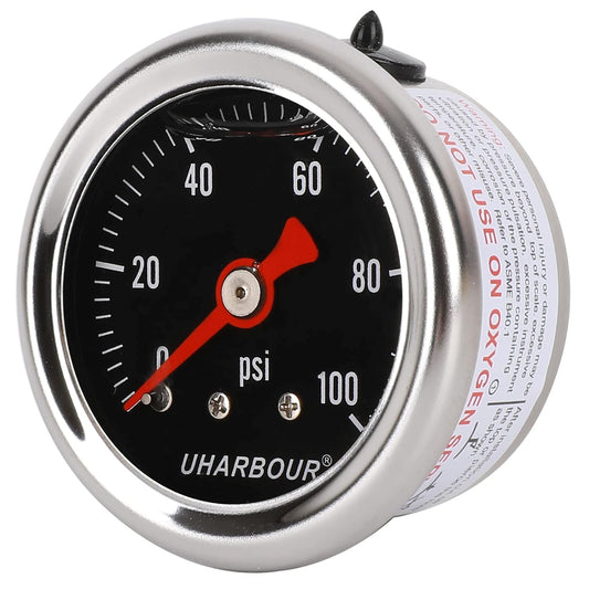 Glycerin Filled Pressure Gauge with 304 Stainless Steel Case, 1-1/2" Black Dial, 0-100Psi, High Accuracy, 1/8" NPT Center Back Mount…