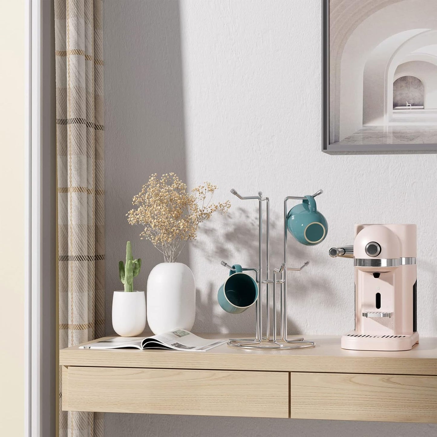 HULISEN Coffee Mug Holder for Countetop, Cup Tree for Counter Large Mugs with 6 Hooks, Metal Cup Holder Stand, Standing Rack Display for Coffee Bar, Silver