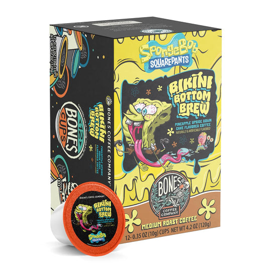 Bones Coffee Company Spongebob Bikini Bottom Brew, Pineapple Upside Down Cake Flavored Coffee Pods, Low Acid Medium Roast Single-Serve Bones Cups, For 1.0 & 2.0 Capsule Brewers Coffee Maker, 12 Count