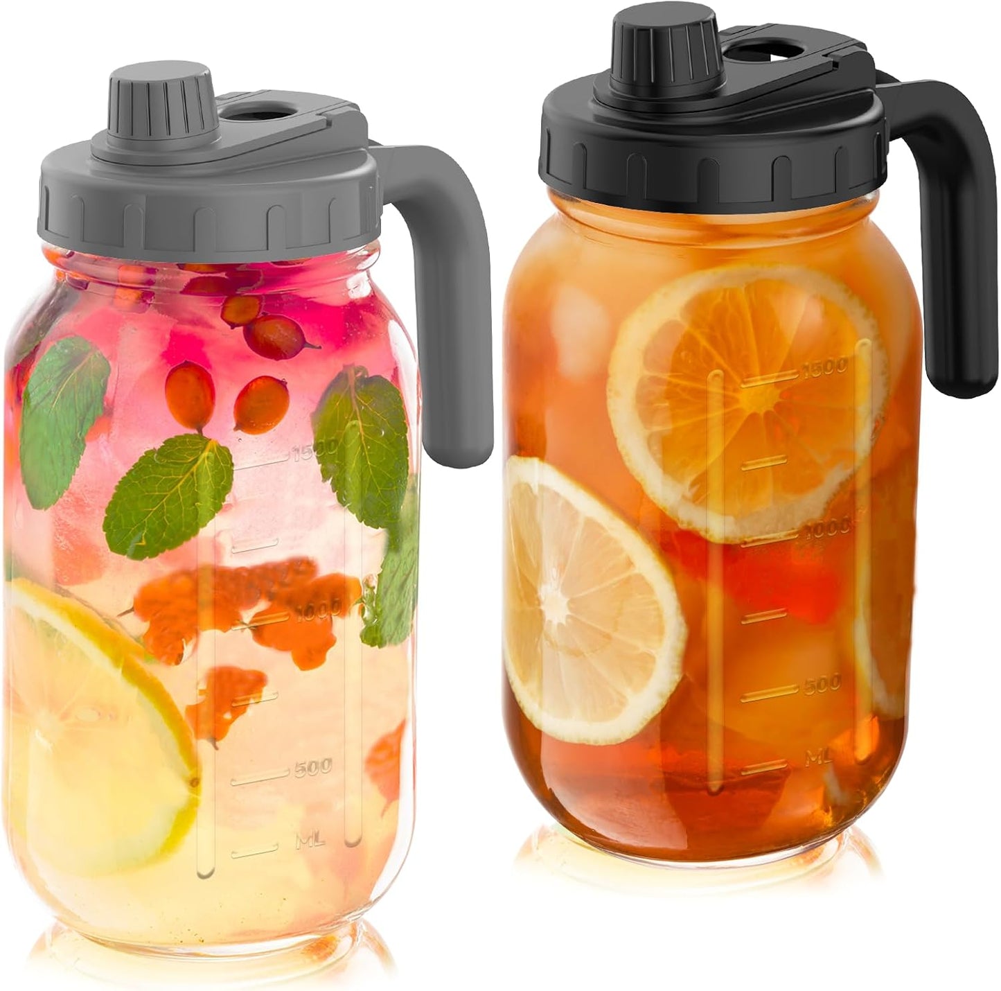 2 Pack 64oz Glass Mason Jar Pitchers with Wide Mouth & Measurement Marks – Leak-Proof Twist Lids for Cold Drinks, Iced Tea, Lemonade, and Juice