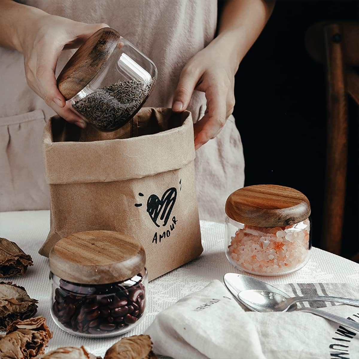 Glass Food Storage Containers With Wooden Lids - Small Coffee Jars - Pantry Organization For Overnight Oats, Cereal, Rice, Candy (14oz(400ml))