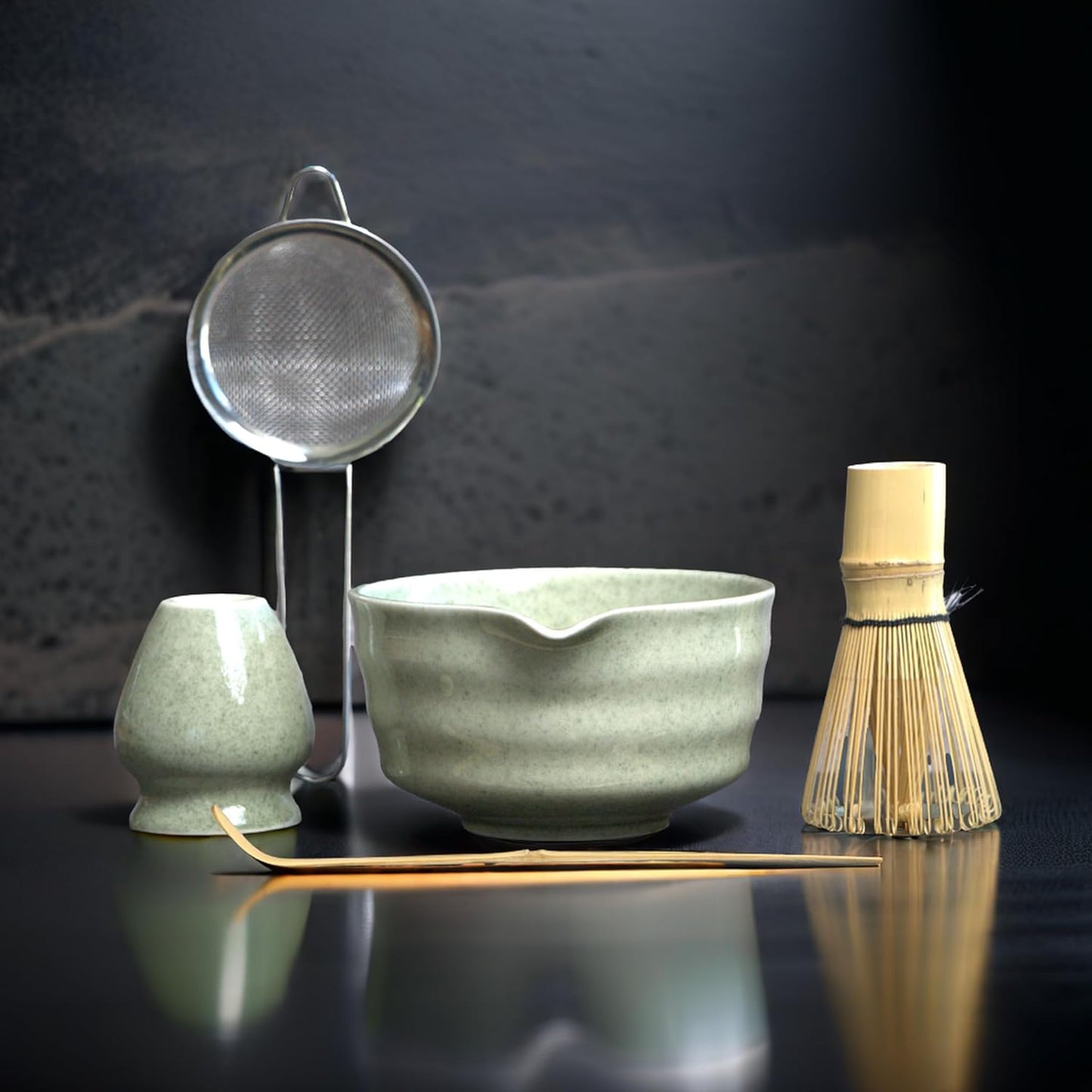 Matcha Whisk Set, Matcha Set, Handcrafted Bamboo Chasen & Ceramic Bowl Matcha Kit, 5 Pcs Matcha Set Whisk and Bowl with Stainless Steel Sifter, Bamboo Scoop & Holder for Matcha Tea Ceremony, Jade