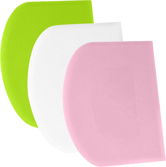SURDOCA Dough Bench Scraper - 3P 5.9x4.3" Plastic Flexible Bowl Scraper, Sharp Edge & Angles Cake Scraper. Non-Slip Bakeware Decorating Tools for Sculpting & Modeling - Pink+White+Green