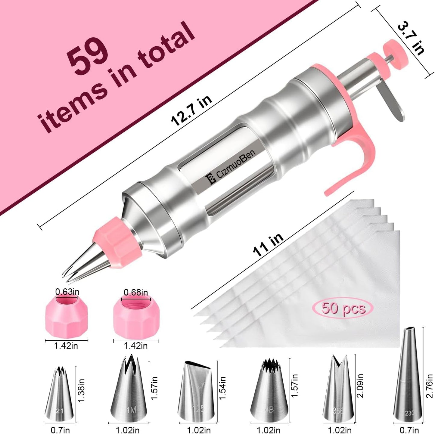 Dessert Decorating Syringe Set, Frosting Piping Kit icing piping kit Food Grade Stainless Steels (6 pro piping tips shooters 50 disposable piping bags) For Baking, Decorating Cupcake, Deviled Eggs