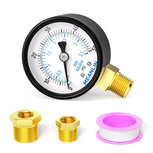 MEANLIN MEASURE 0-50Psi 2" DIAL FACE 1/4" NPT Well Pump Pressure Gauge, with 1/2" NPT and 3/8" NPT Hex Bushing, 3-2-3% Accuracy, Lower Mount