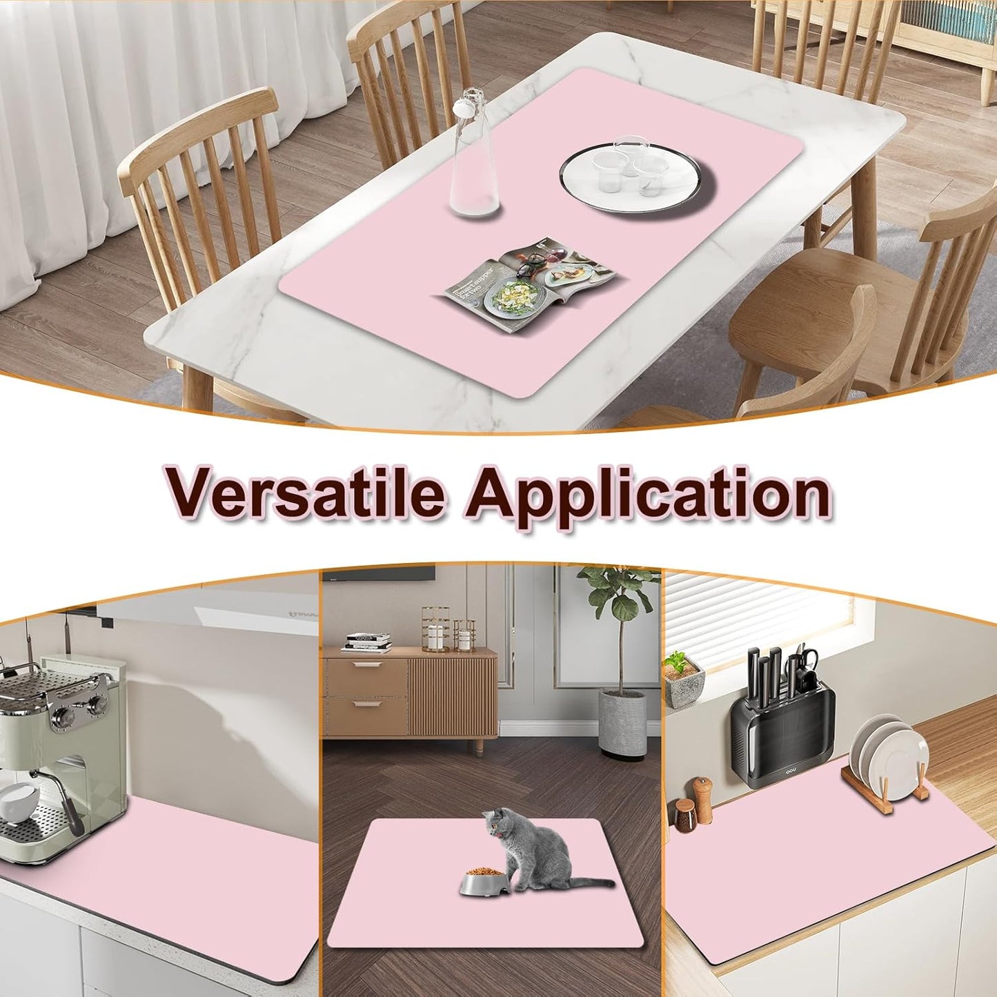 Dish Drying Mat for Kitchen, 15.7'' x 23.6'' Coffee Bar Mat for Countertops, Coffee Station Pad Mats with Non-slip Rubber Backed, Absorbent Dish Dying Mat for Kitchen Counter, Pink