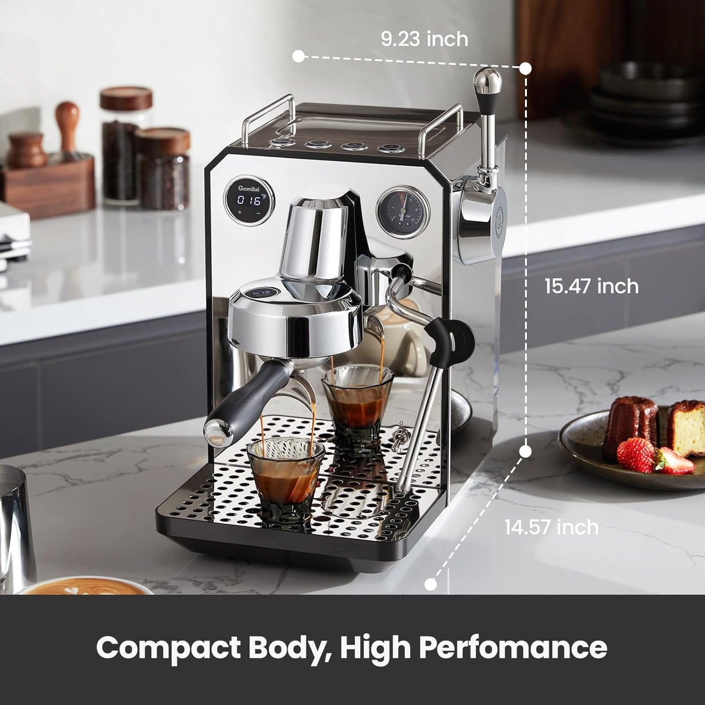 Owl Espresso Machine, 15 Bar Professional Semi-Automatic Espresso Maker with Milk Frother Steam Wand & 57oz Removable Water Tank, Dual Display, for Cappuccino, Latte, G3006, Stainless Steel
