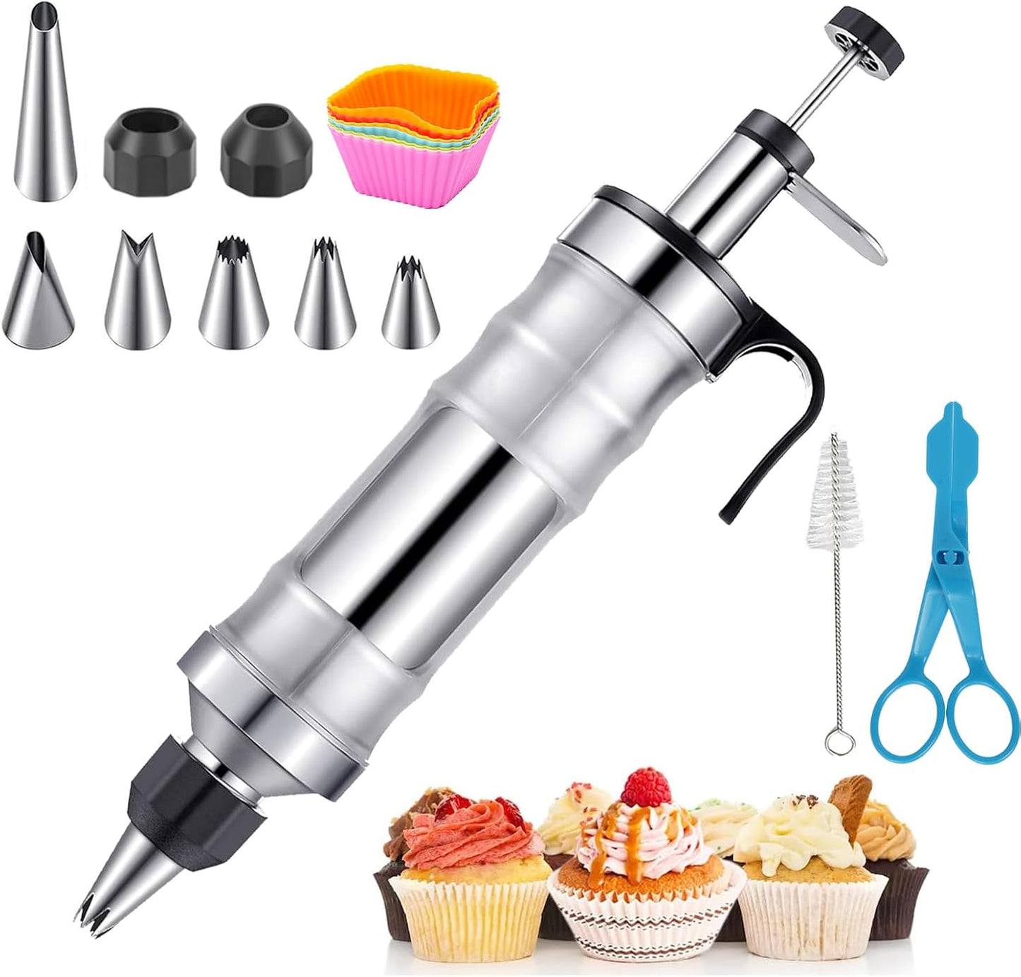 Cake Decorating Kit with 6 Stainless Steel Piping Tips, Frosting Gun & 8 Silicone Cups – Baking Supplies for Cake, Cupcake, Cookie Decorating – Piping Bags and Tips Set for Beginners & Bakers