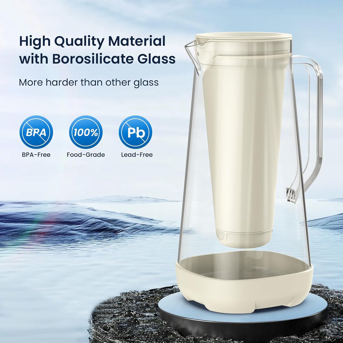 GLACIER FRESH 7 Cup Purela Glass Water Pitcher with 1 Ultrafiltration Membrane and Activated Carbon Filter, Reduces 99% Chlorine, PFOA&PFOS, Coliforms, BPA Free Materials, White