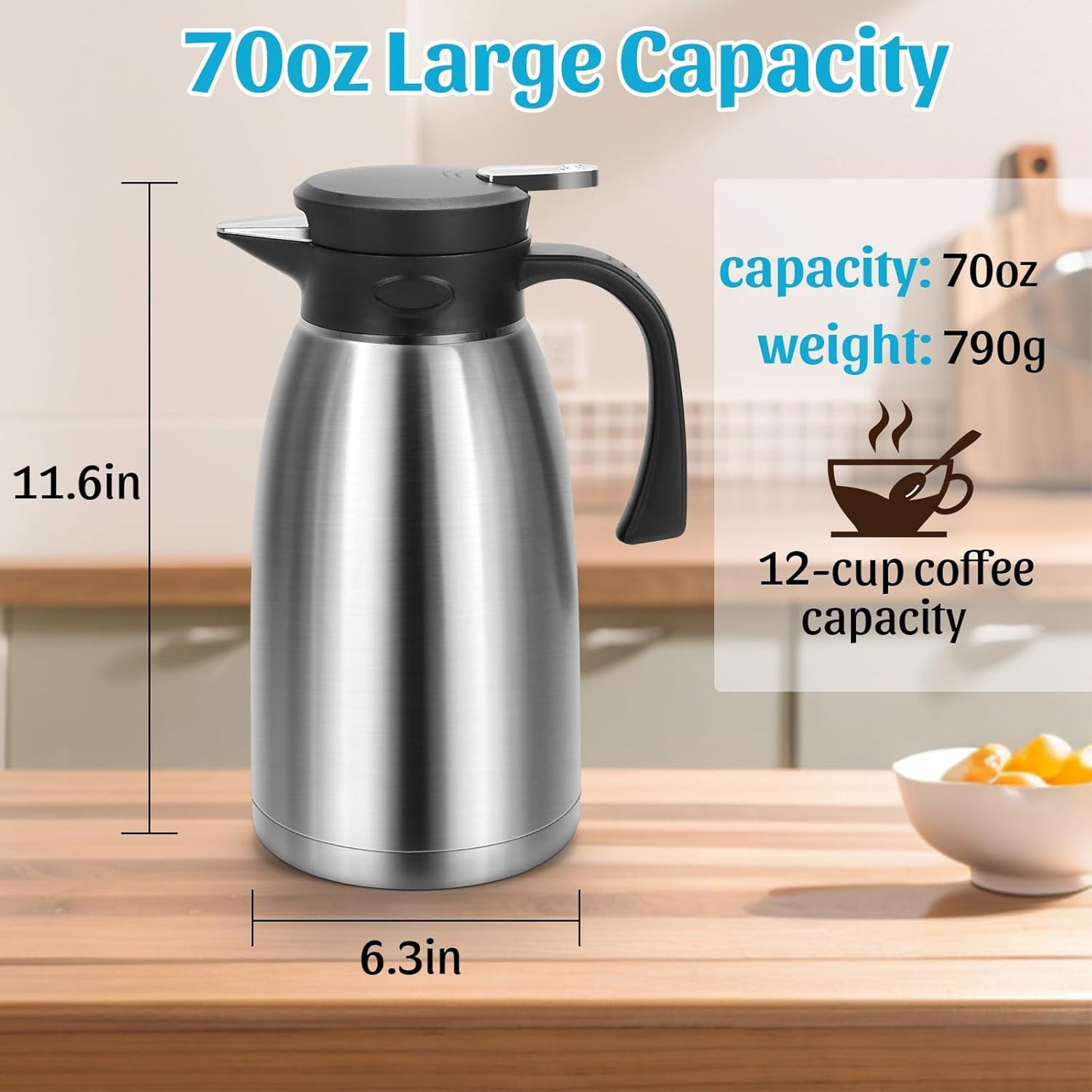 70oz Thermal Coffee Carafe, Double Wall Vacuum Thermos for Hot Drinks, Stainless Steel Carafe for Hot Liquids Large Tea Thermos for Home School Office for Valentine's Day (Classic Silver)