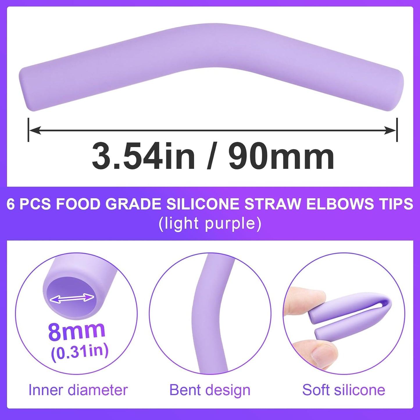 6Pcs Metal Straw Silicone Tips 5/16 IN Wide(8mm Outer Diameter) Food Grade Rubber Straw Covers Flex Elbow Straw Replacement Tip for Stainless Steel Metal Straws, light-purple