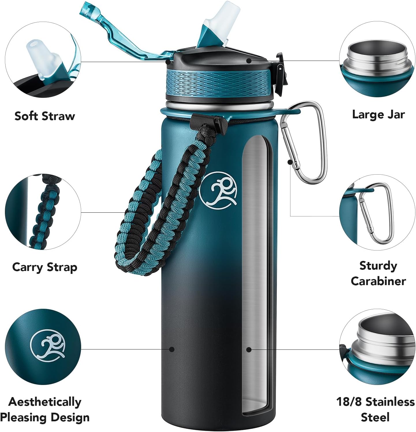 GOSWAG Insulated Sports Water Bottle, 24oz 2 Lids(with Straw/No Straw), Stainless Steel Water Bottles with Paracord Handle, Insulated Bottle with Double-Wall Vacuum Insulation