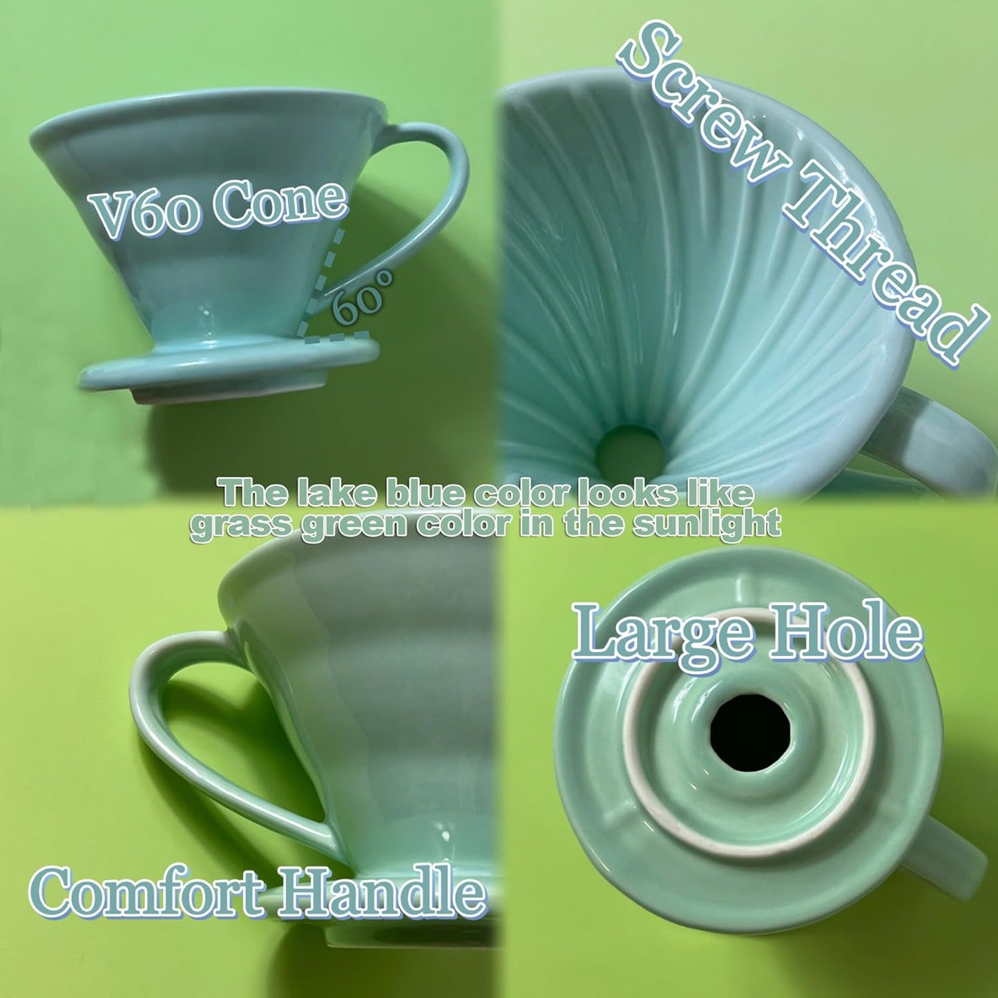 Pour Over Coffee Dripper - Ceramic Pour Over Coffee Maker Cone, Porcelain Coffee Drip, Pour Over Single Cup, Manual Brew Maker for Home, Cafe, Office - 1-4Cup, V60 Size 02 (Lake blue)