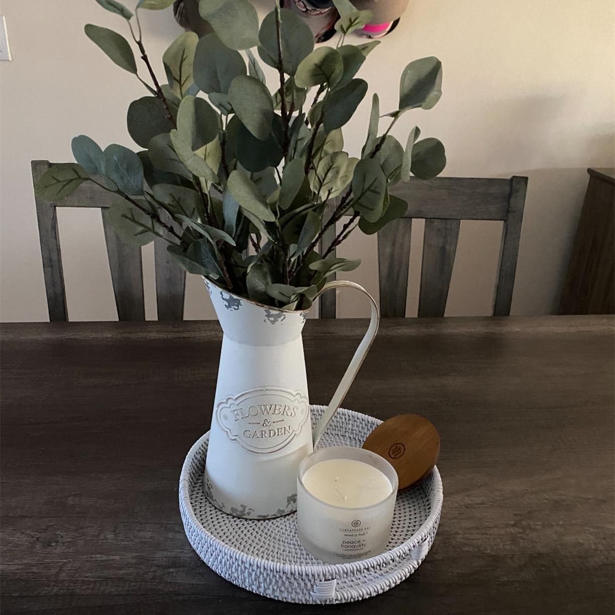 11.8 inch Round Rattan Tray, Decorative Coffee Table Trays, Ottoman Tray, Woven Serving Tray with Handles, Wicker Serving Basket, Whitewash