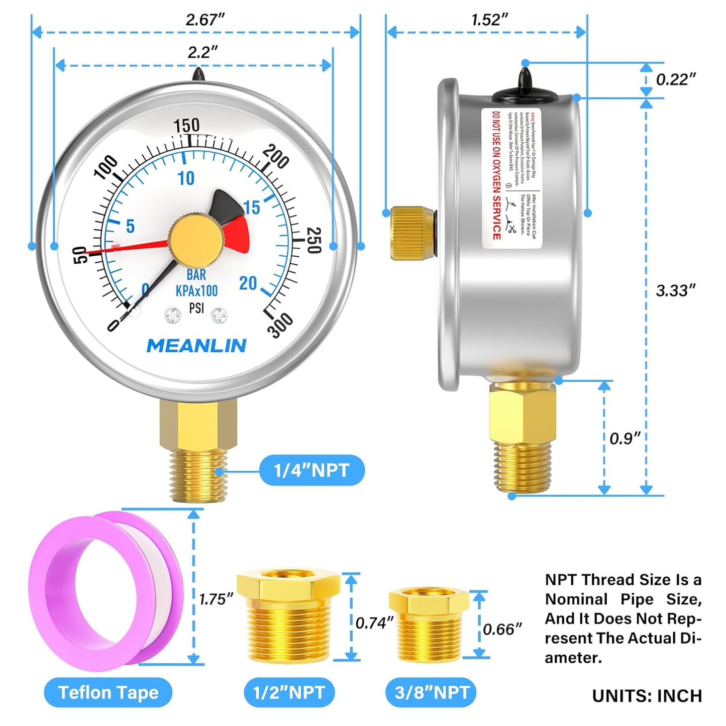 MEANLIN MEASURE 0~300Psi Stainless Steel 1/4" NPT 2.5" FACE DIAL with Reset Pointer Liquid Filled Pressure Gauge WOG Water Oil Air, Lower Mount, with 1/8" x 1/4" NPT and 1/8" x 3/8" NPT Hex Bushing