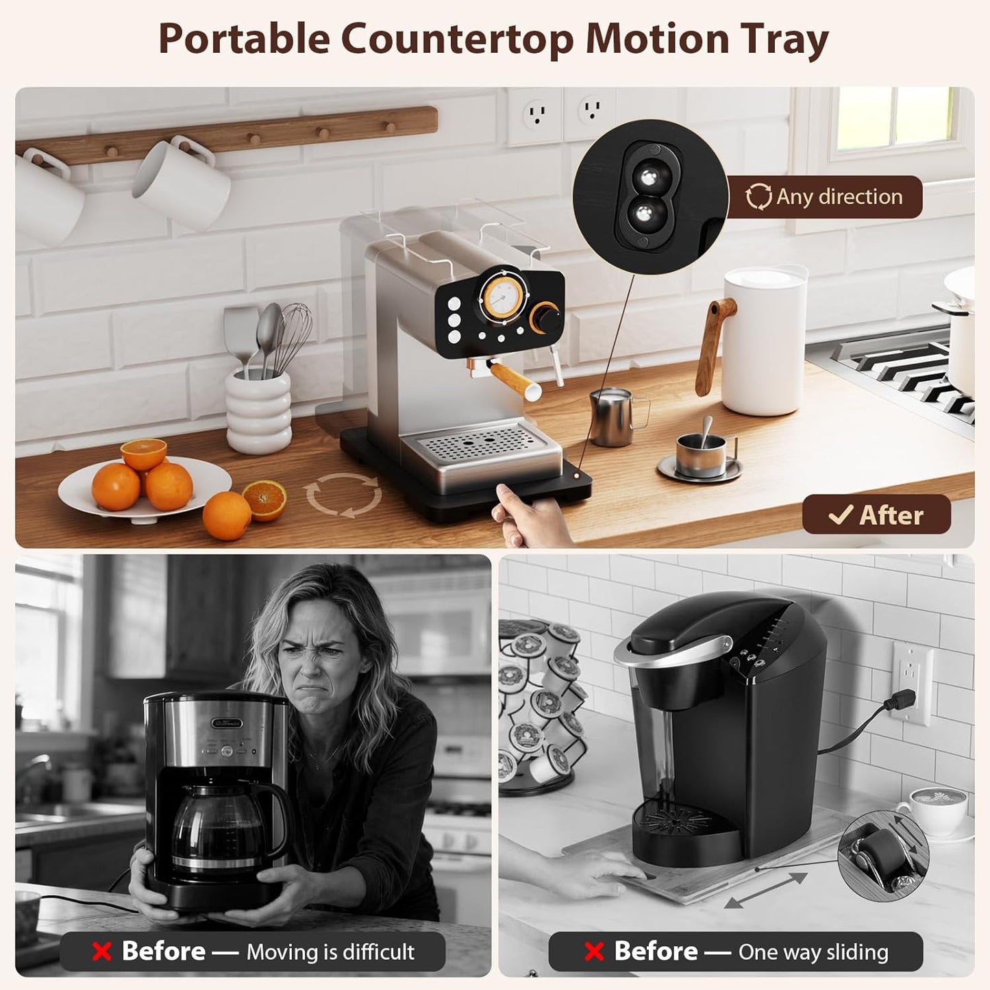 GuanQiao 360° Rotation Appliance Slider for Coffee Maker & Heavy Kitchen Appliance, Bamboo Rolling Tray for kitchen Counter, Sliding Tray with Premium Wheels (Black, 13.9"×11.6")