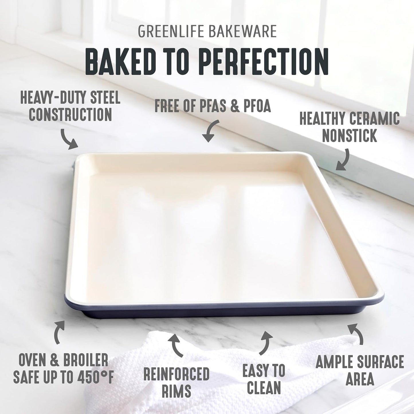 GreenLife Bakeware 18” x 13” Half Cookie Sheet Baking Pan, Non-Toxic PFAS-Free Healthy Ceramic Nonstick, Oven Safe to 450°F, Easy Release, Even Heating, Easy Clean, Black