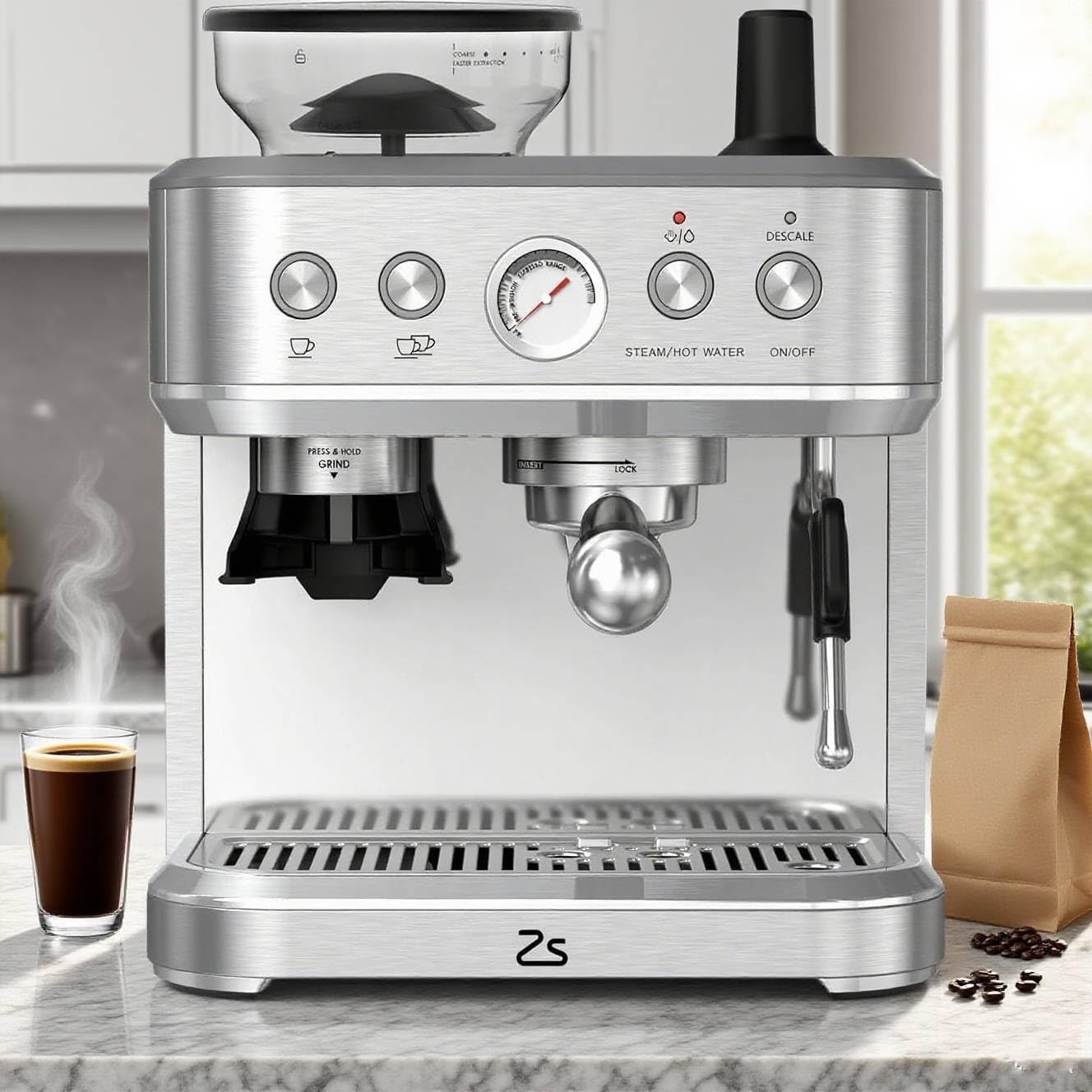 15 Bar Express Espresso Machine with Built-in Grinder,Stainless Steel Semi Automatic Espresso Maker,Dual PID Control, 80oz Water Tank,Heating, Milk Frother & Auto-Cleaning,for Lattes and Cappuccinos