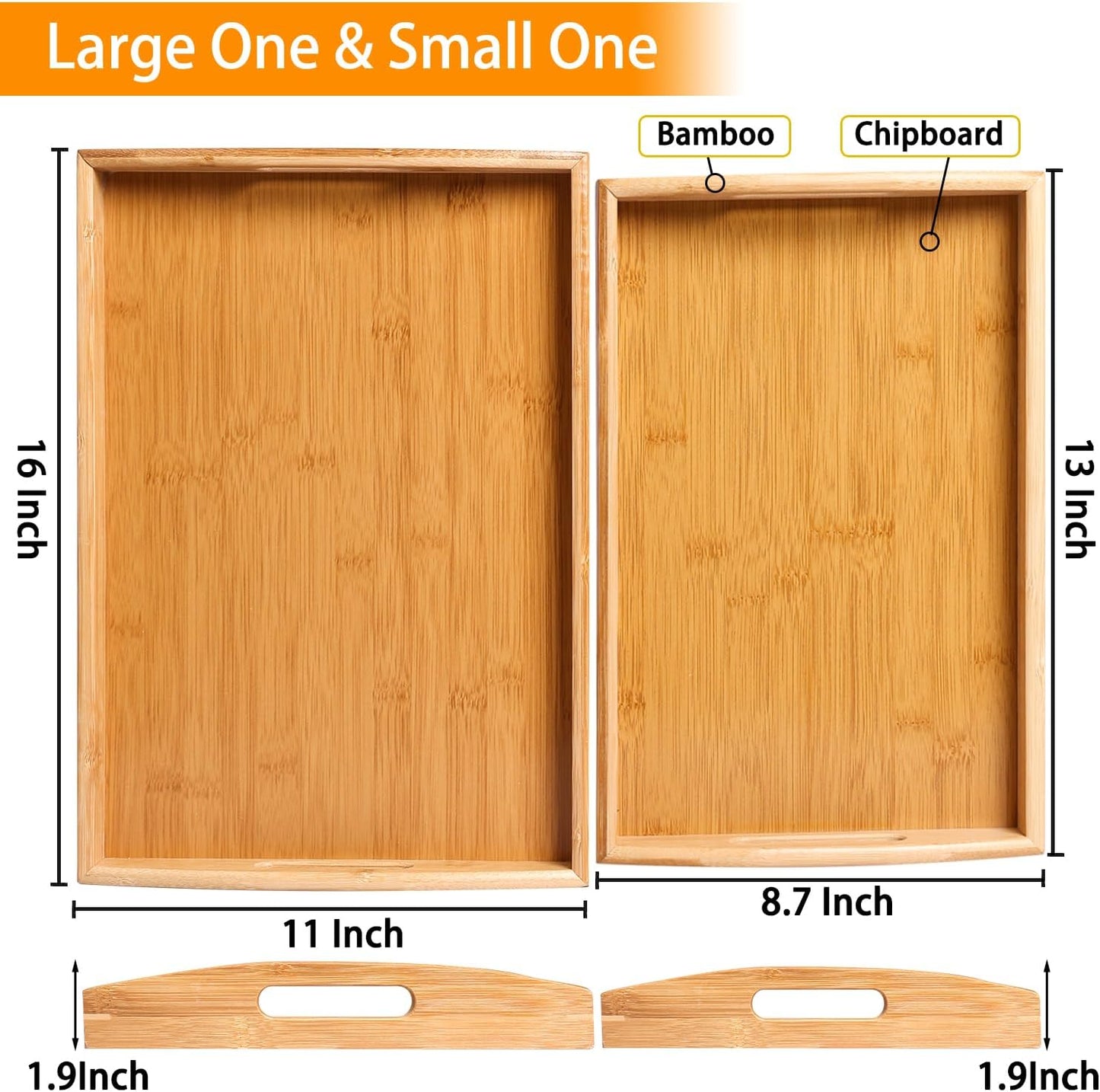 2 Pack Bamboo Serving Tray with Handles, Portable Bed Tray for Breakfast Dinner, Eating Trays for Living Room,Restaurants