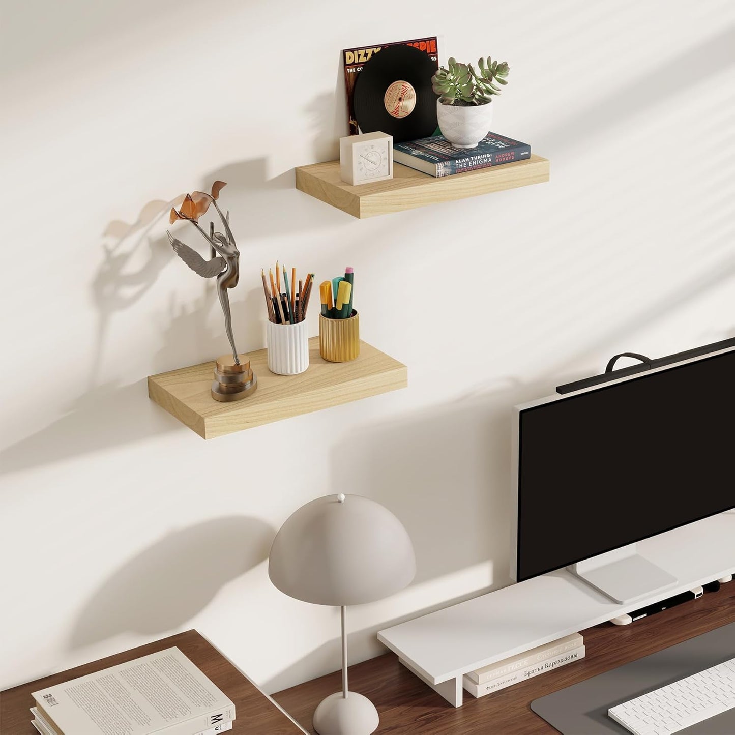 Floating Shelves for Wall, Real Wood Floating Shelf Set of 2, 8 Inch Deep Floating Shelves, Rustic Wood Wall Shelf for Home Decor, Deep Storage Shelves for Bathroom, Kitchen, 16"W x 8"D, Burlywood