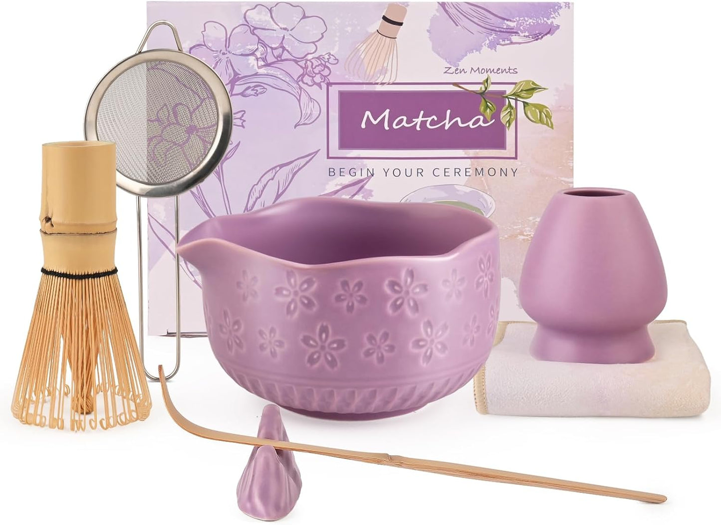 Matcha Whisk Set - Traditional Japanese Handmade Bamboo Matcha Whisk and Holder, Matcha Bowl,Bamboo Scoop, Scoop Rest, Sifter and Tea Towel (Purple)