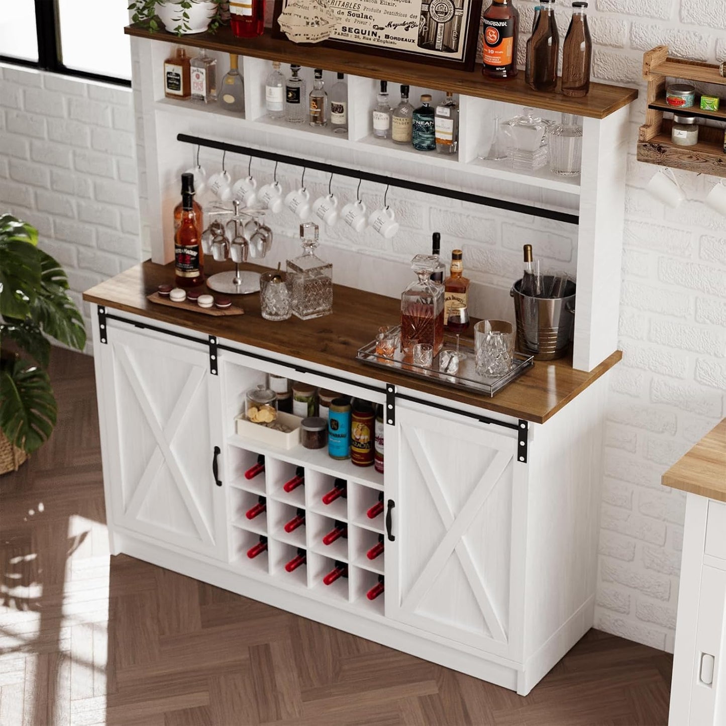 4ever2buy Farmhouse Coffee Bar Cabinet with 4 Storage Hutch, 55 Inch Wine Bar with 12 Wine Racks and 8 Hooks, Hutch Storage Cabinet with Sliding Barn Doors for Kitchen Dining Living Room, White