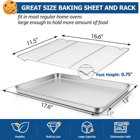 TeamFar Baking Sheet with Rack Set, Stainless Steel Baking Pan Cookie Sheet with Cooling Rack, Size 17.6 x 13 x 1inch, Non Toxic & Heavy Duty, Easy Clean & Dishwasher Safe