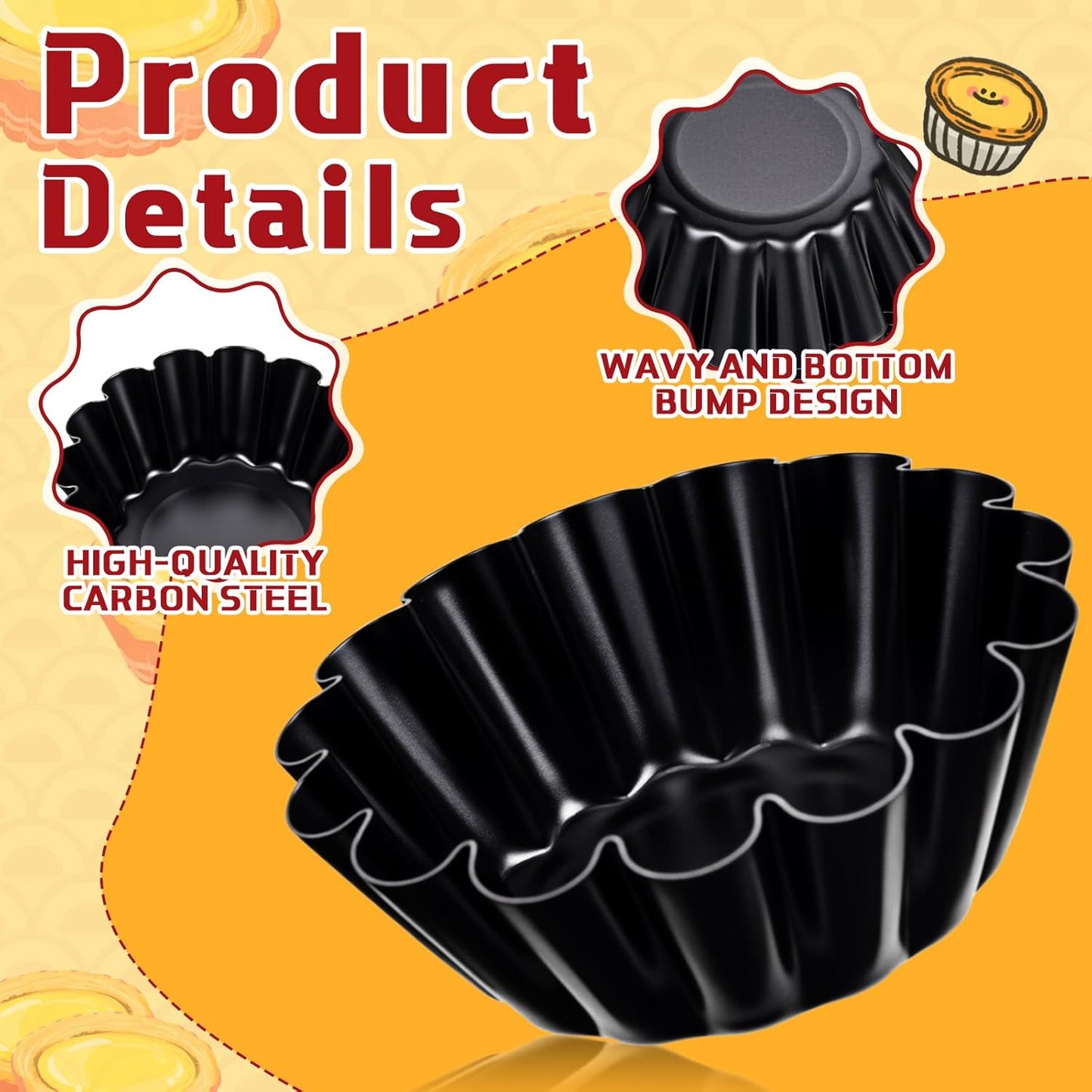 LemonRoad 16 Pcs Egg Tart Molds, Non-stick Carbon Steel Tart Pans, Mini Pie Moulds, Muffin Cupcake Pudding Baking Cup Maker - for Pies, Chinese Egg Tarts, Cakes (2.6 Inch)