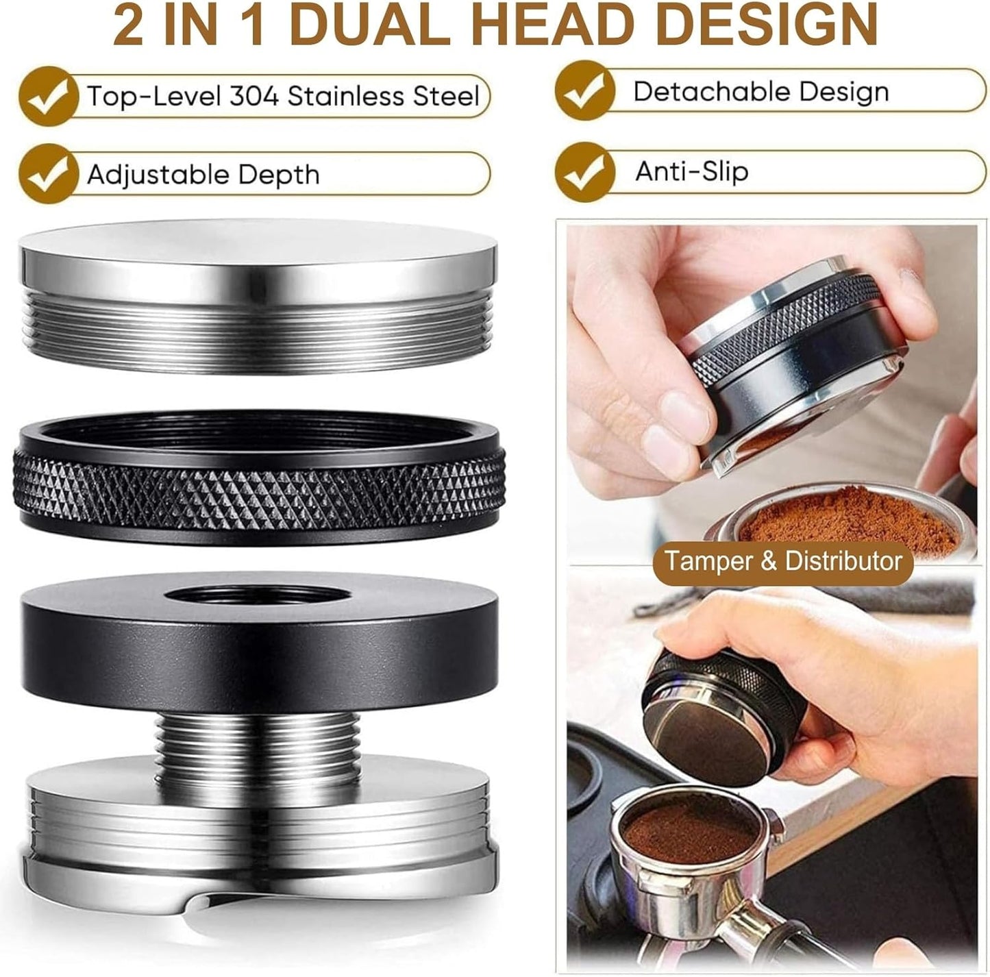 54mm Coffee Tamper and Distributor, Dual Head Coffee Leveler Fits for 54mm Breville Portafilter, Adjustable Depth Espresso Hand Tampers, Professional Barista Espresso Distribution Tool