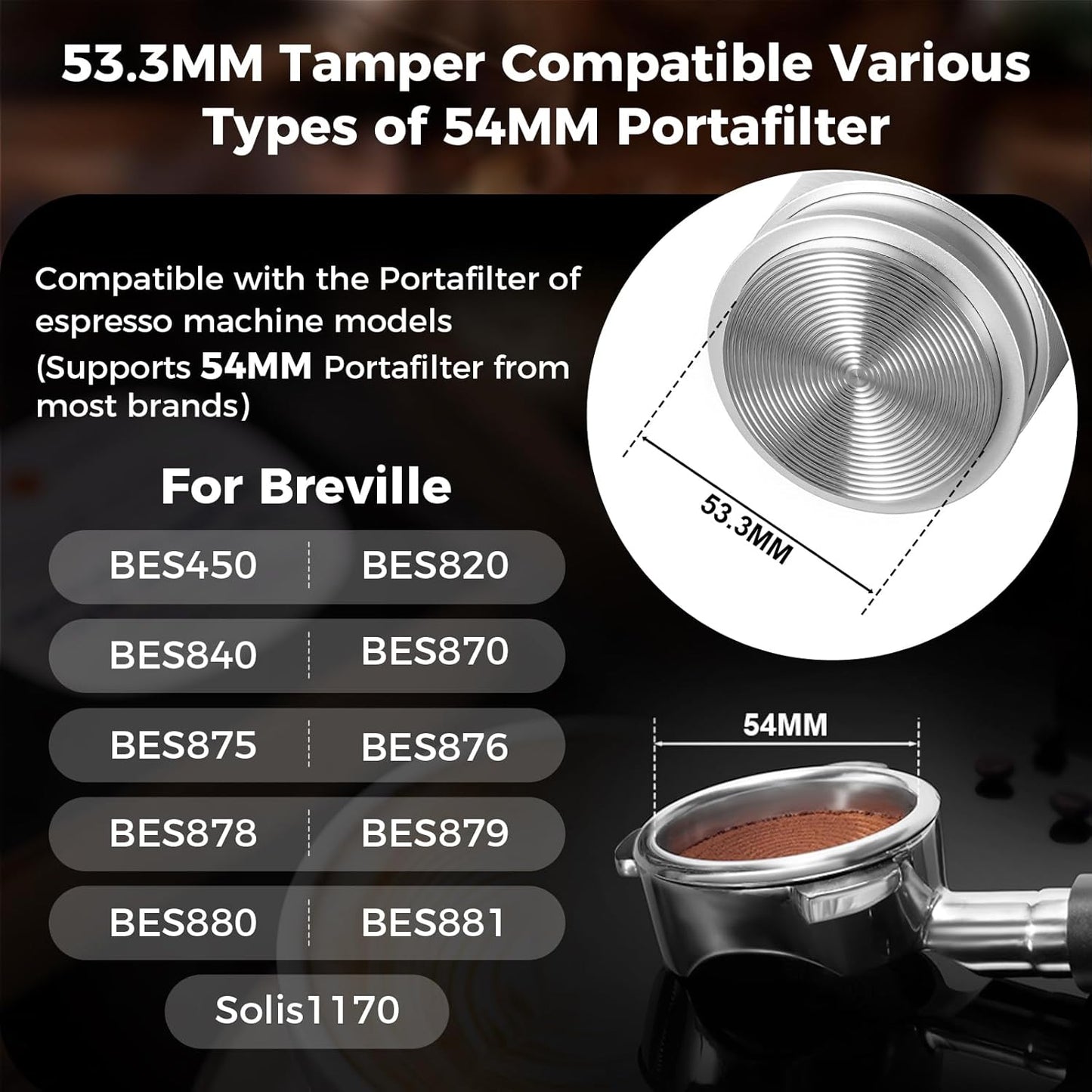 IKAPE Coffee Products, 53MM Espresso Tamper, Premium Barista Coffee Calibrated Tamper with Spring Loaded, 100% Stainless Steel Tamper Compatible with 54MM Breville Bottomless Portafilter (Silver)