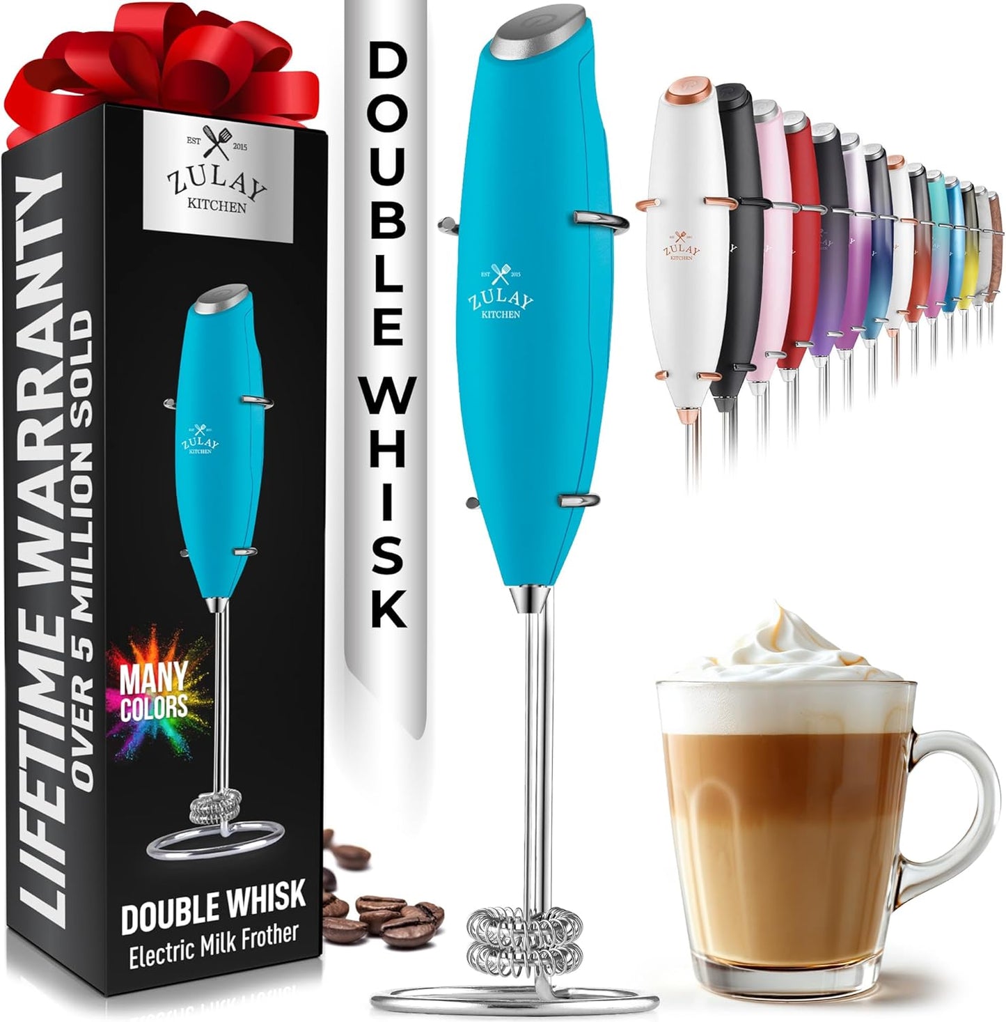 Zulay Double Whisk Milk Frother Handheld Mixer - High Powered Frother For Coffee With Improved Motor - Electric Whisk Drink Mixer For Cappuccino, Frappe, Matcha & More, Twin Whisk - Teal