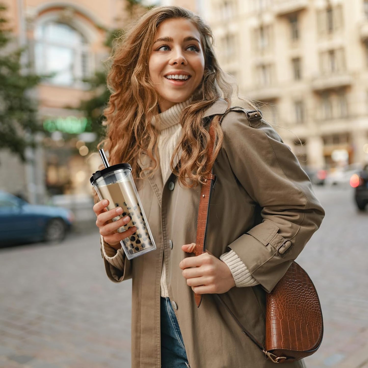 ALINK Reusable Iced Coffee Cup with Lid and Straw, 24 oz Boba Tea Smoothie Cup, Leak Proof Double Wall Insulated Iced Coffee Tumbler for Hot Cold Drinks, Bubble Tea, With 2 Boba Straws 1 Brush