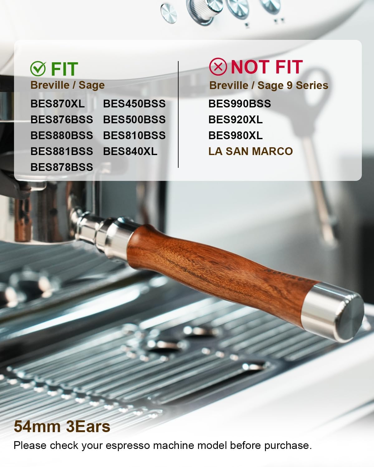 54mm Bottomless Portafilter 3 Ears, Bottomless Naked Portafilter Compatible with Breville/Sage Barista Express BES870/876/878/880/881/450/500/810/840, with Puck Screen and 18g Filter Basket - Rosewood