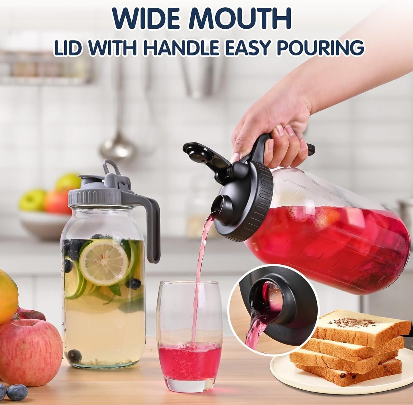 64OZ Glass Pitchers with Lid, Wide Mouth Water Jugs, Leak-Proof Airtight Mason Jars for Cold Brew Coffee, Iced tea, Milk, Food Storage, Sun Tea Jar，Set of 2.