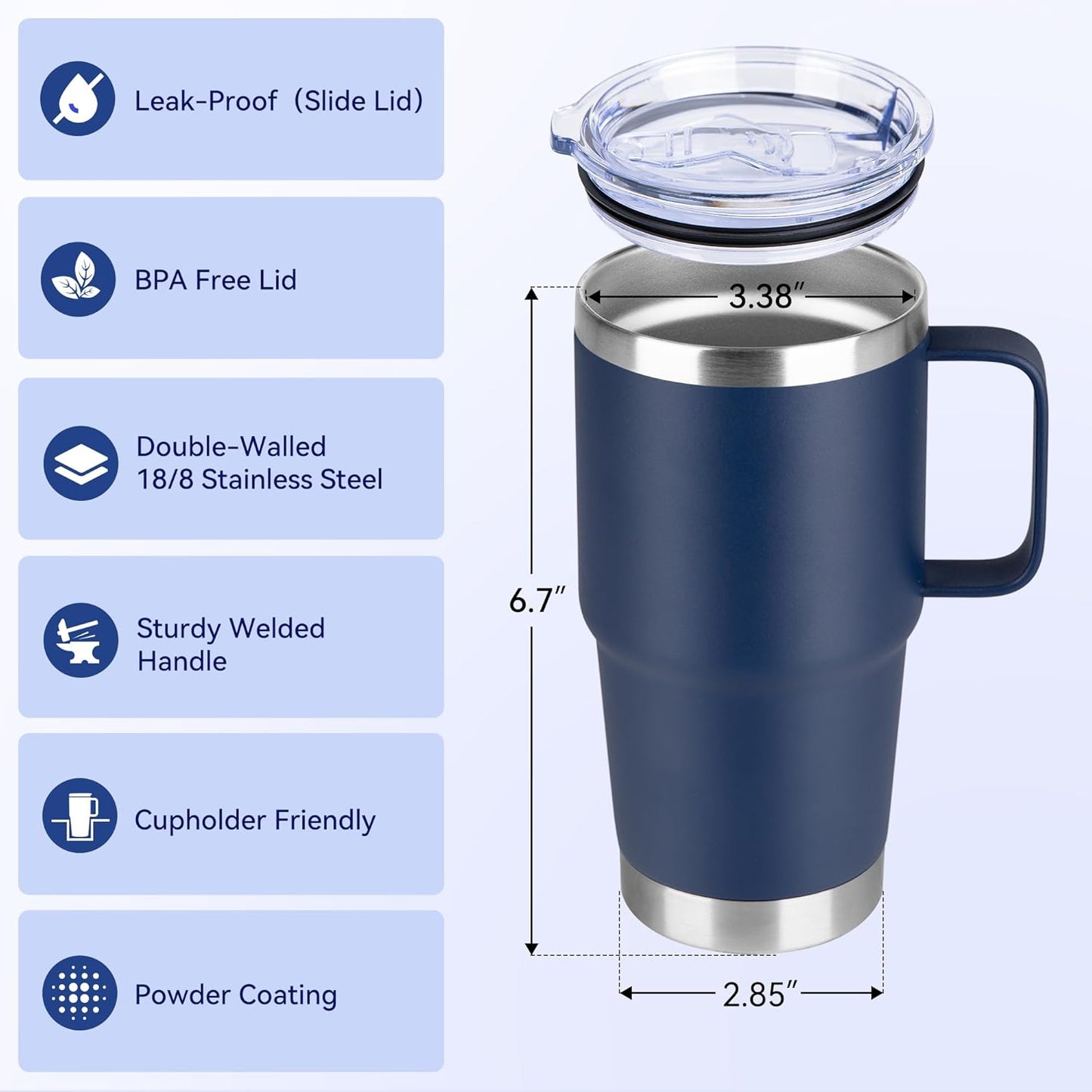 HASLE OUTFITTERS 20oz Tumbler with Lid, Stainless Steel Tumbler with Handle, Metal Insulated Travel Coffee Mug with Handle, Double Wall Vacuum Spill Proof Tumbler Cup, Navy 1 Pack