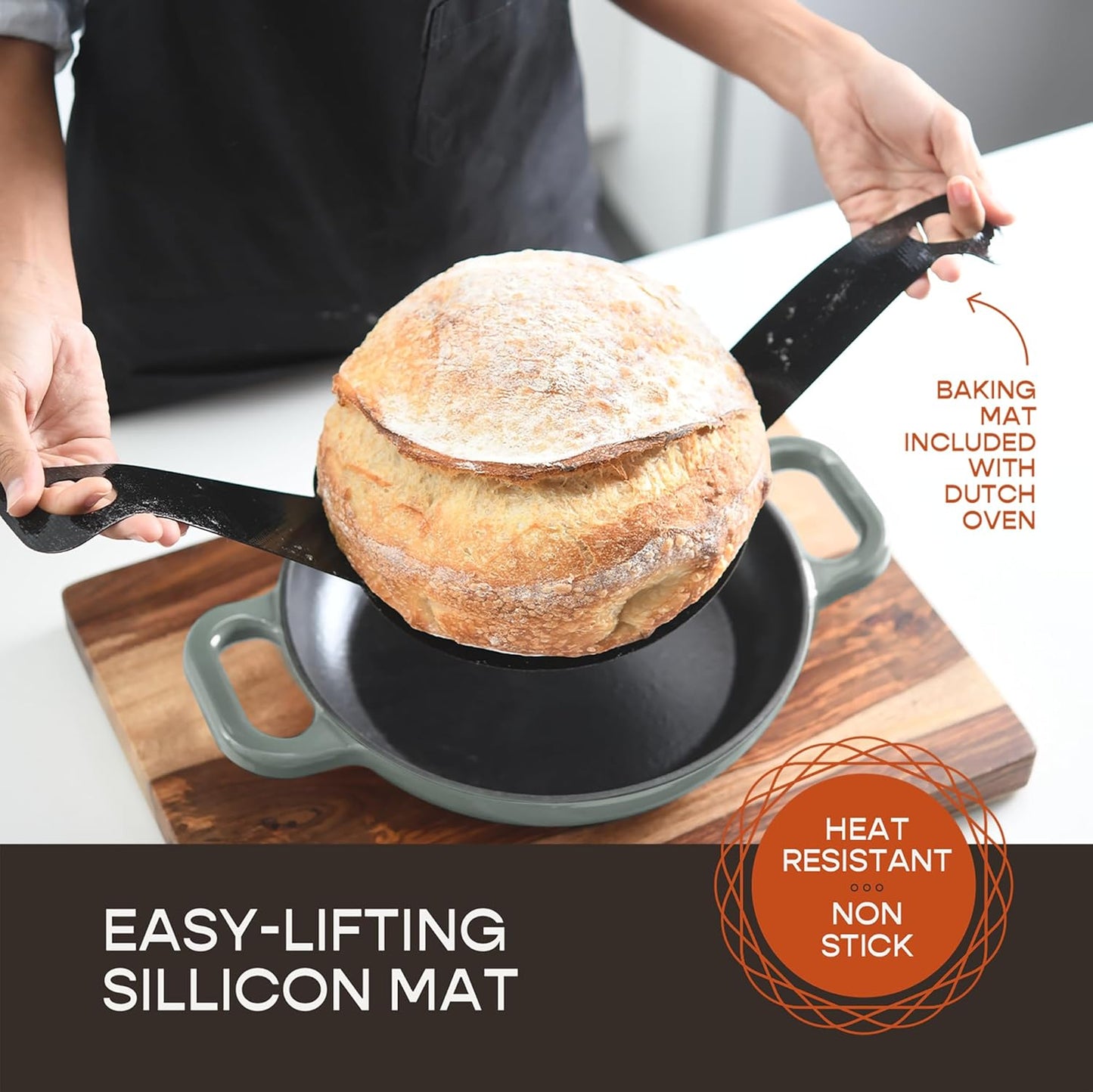 Enameled Cast Iron Dutch Oven for Sourdough Bread Baking | 6 Quart Oval Pot with Lid | 10 Inch Ceramic Enamel Thick Coated Cookware with Non Stick Silicone Baking Mat for Cooking | 6 Qt | Sea Salt