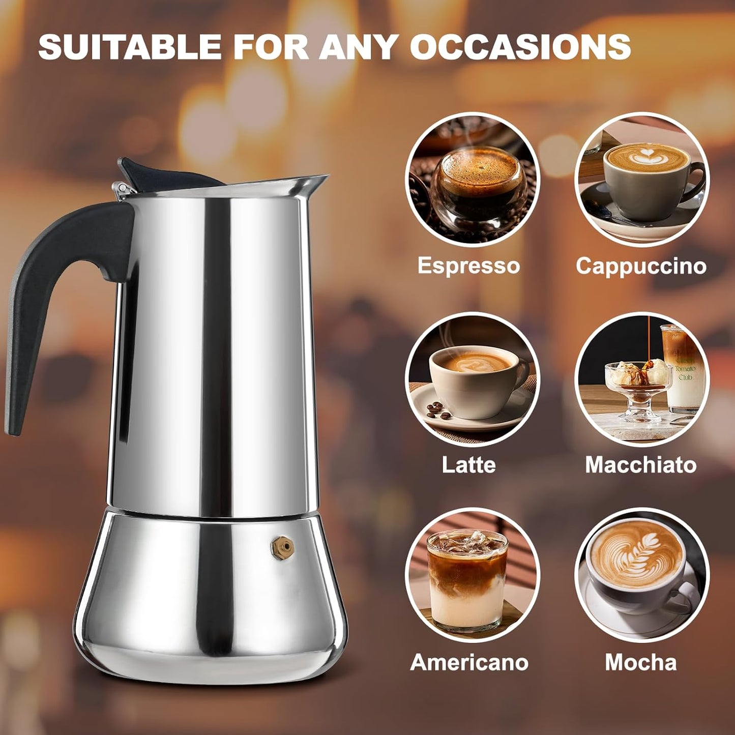 2 Cup Stovetop Espresso Maker Stainless Steel Moka Pot Stove Top Percolator Italian Coffee Makers Capable Mocha Greca Machine Cafe Classic Induction Cookers for Home and Camping 100ml 3.3oz