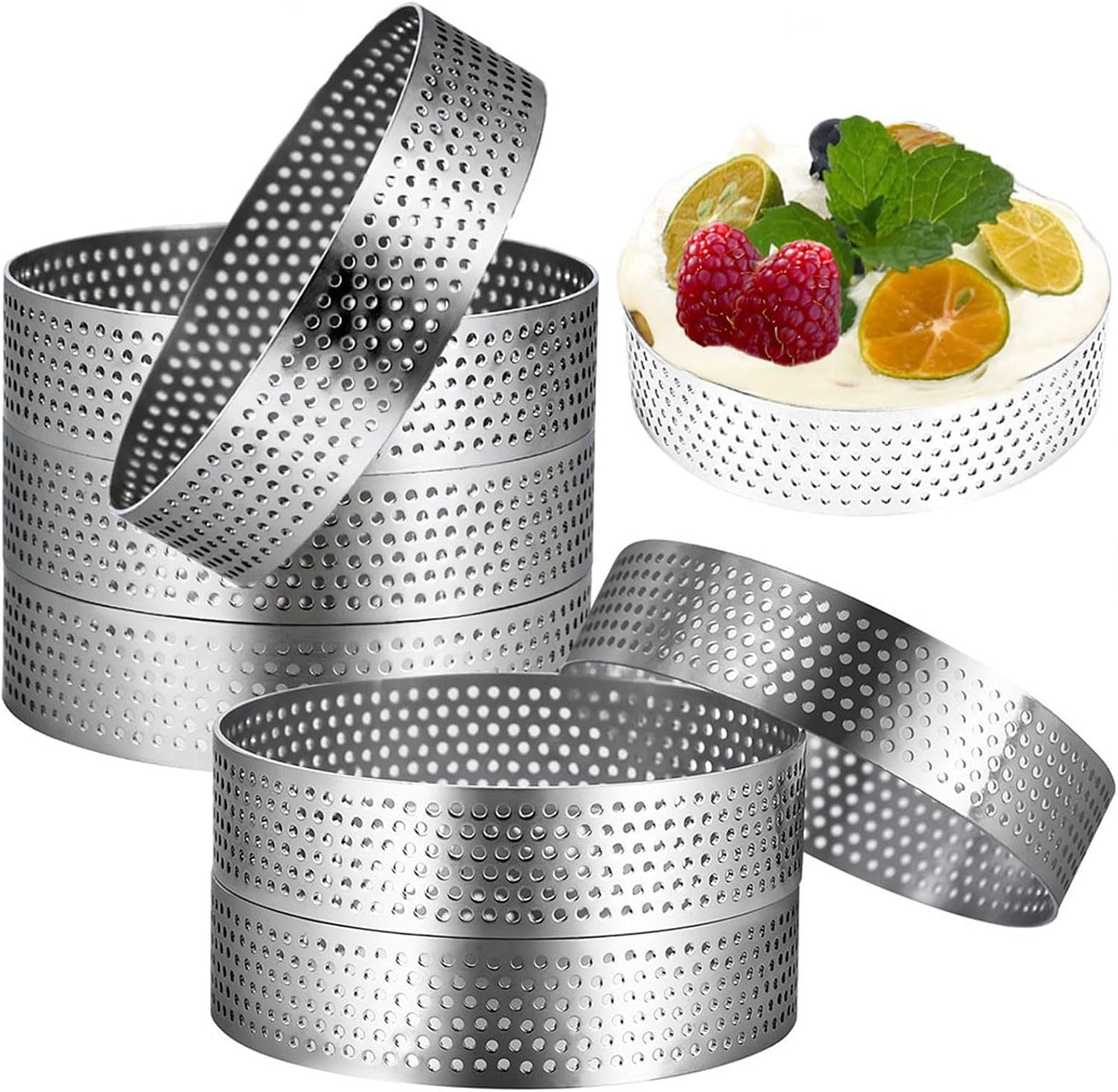 8Packs Perforated Tart Rings 4 Inch Stainless Steel Perforated Cake Rings, Round Tart Ring Molds for Cookies, fruit tarts, Prevent Soggy Crust & Even Baking