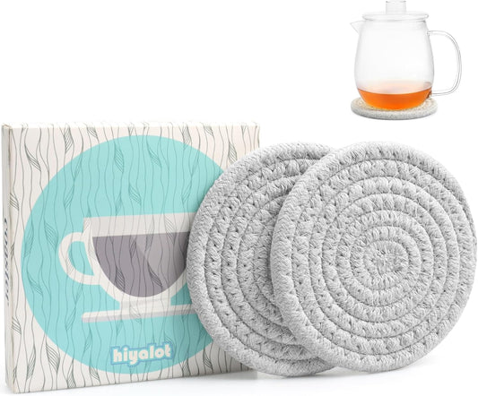4.8" Cotton Drink Coasters Set of 2– Absorbent Fabric Mug Pads for Coffee, Tea & Drinks, Minimalist Desk & Nightstand Cup Mats, Durable Neutral Drink Coasters for Home, Office or Gift Use (Cloud Grey)