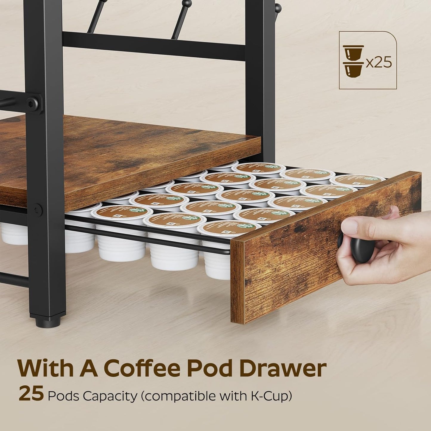 3-Tier Coffee Mug Holder with 12 Hooks, Coffee Bar Organizer, 25 Pods Capacity, Versatile Desktop Storage Rack, Space-Saving, for Kitchen, Living Room, Rustic Brown and Black MH01BR