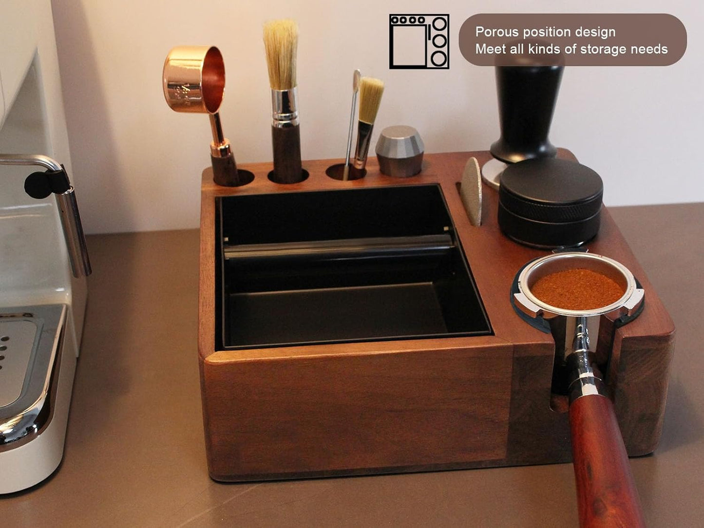 Espresso tamping station knock box,tamper station,Espresso station fit for storage 51-58mm tamper,distributor,portafilter,puck screen accessories,9 in 1 espresso knock box and tamper station