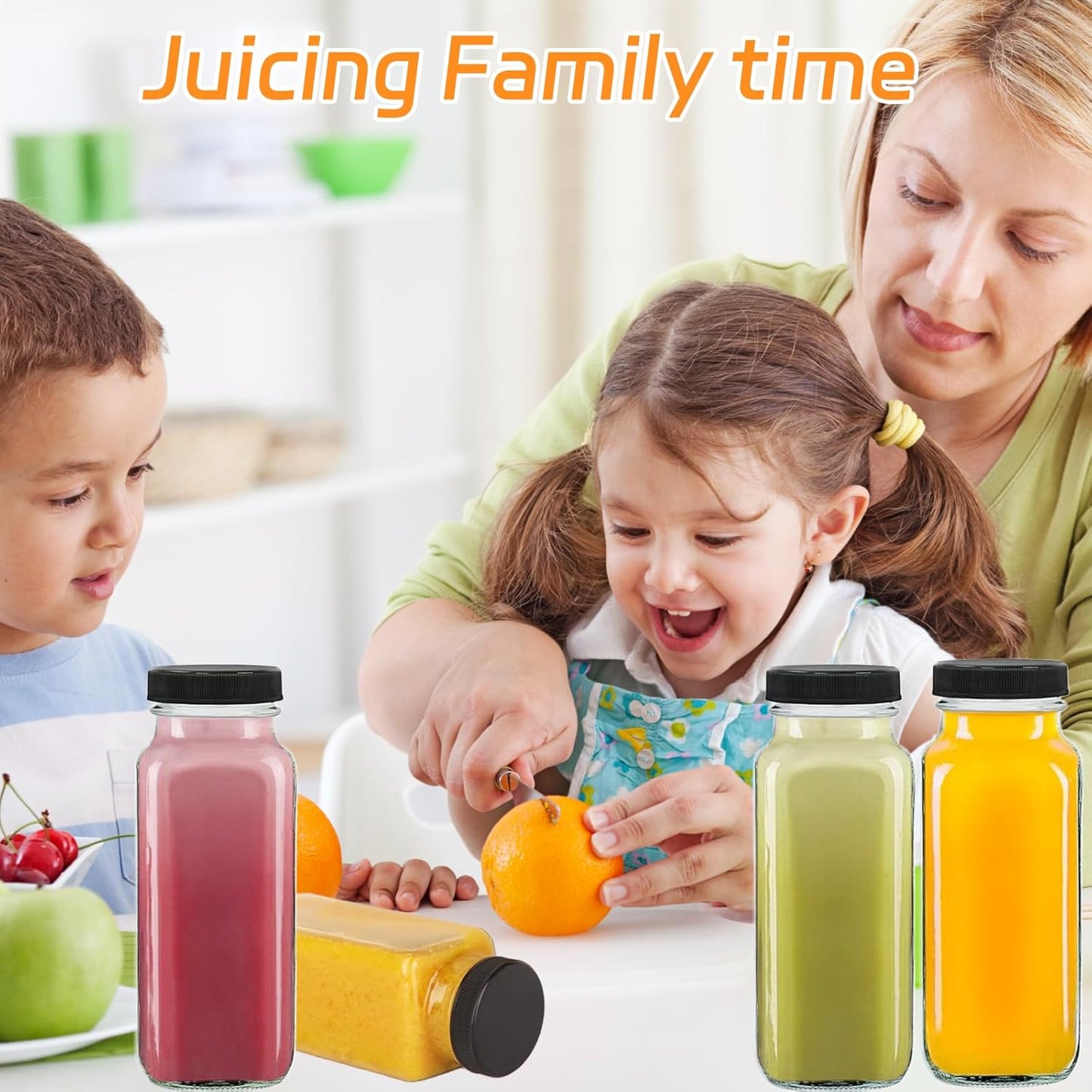 3 Pack 8oz Glass Juice Bottles with Lids, 250ml Reusable Glass Juicing Bottles, Square Drinking Jars Drink Containers with Caps for Water, Milk, Ginger, Kombucha, Beverages