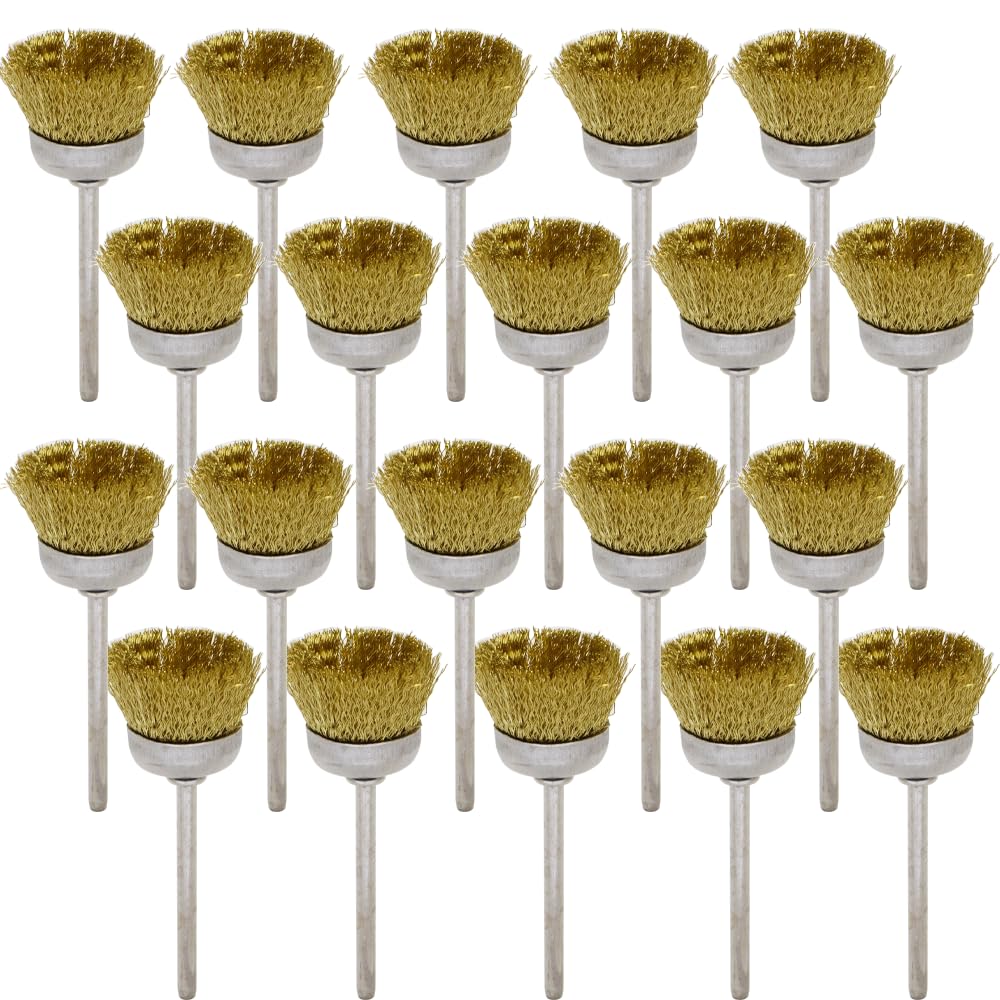 20PCS Brass Wire Brushes - Metal Rust Removal, Cleaning, and Polishing - 25mm Diameter, 1/8″ (3mm) Shaft - Removes Burrs, Dust, and Oxide Layer - Handles Rough Surfaces - Rotary Tool Accessories