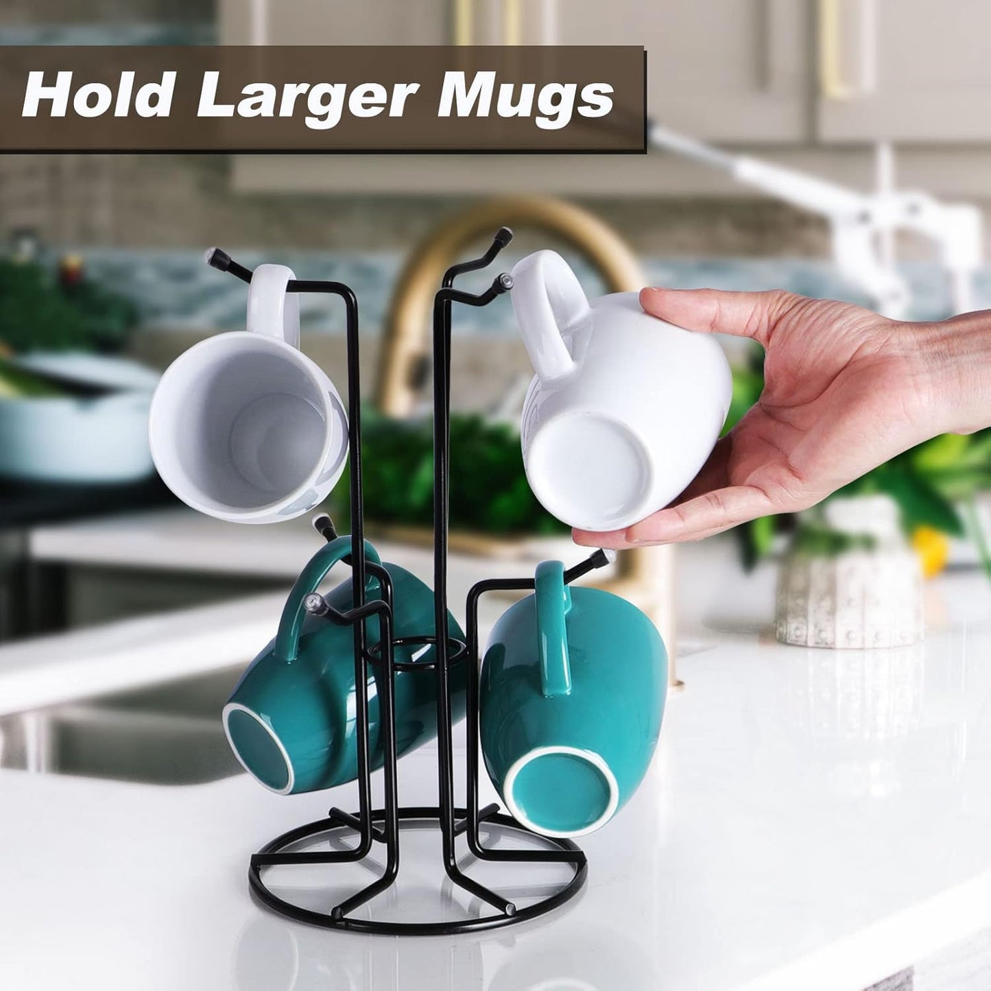 HULISEN Mug Tree for Large Cups, Counter Coffee Mug Holder with 6 Hooks, Metal Coffee Cup Holder Tree, Standing Rack for Countertop, Kitchen Counter Decor, Black
