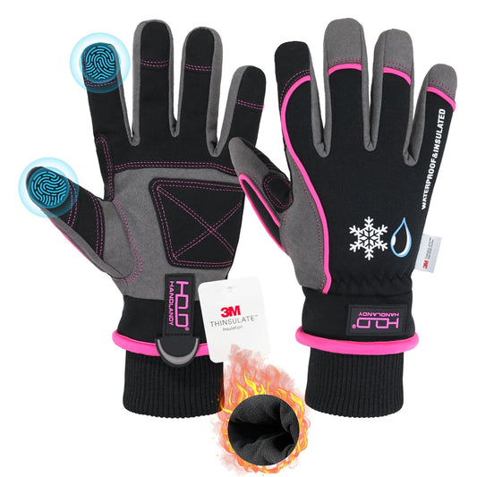 HANDLANDY Waterproof Insulated Work Gloves, 3M Thinsulate Thermal Winter Gloves for Men Women Touch Screen, Warm Ski Snowboard Cold Weather Gloves (Medium, Pink)