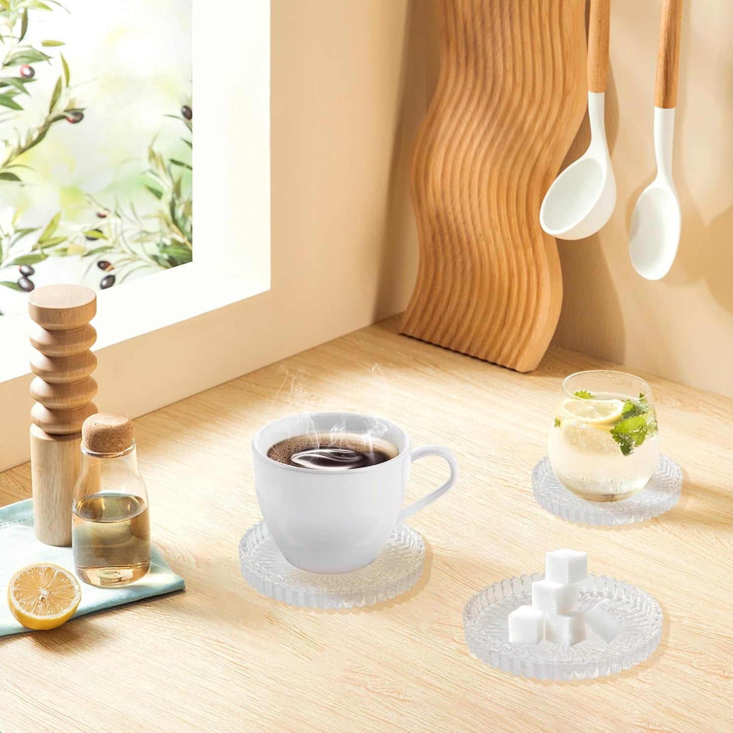 Glass Coaster 6 Pack Round Cup Coasters for Drinks,Crystal Coffee Coaster,Stylish Drink Coasters for Kitchen Bar Dining Room Living Room Office Decor and Jewelry Storage,Clear