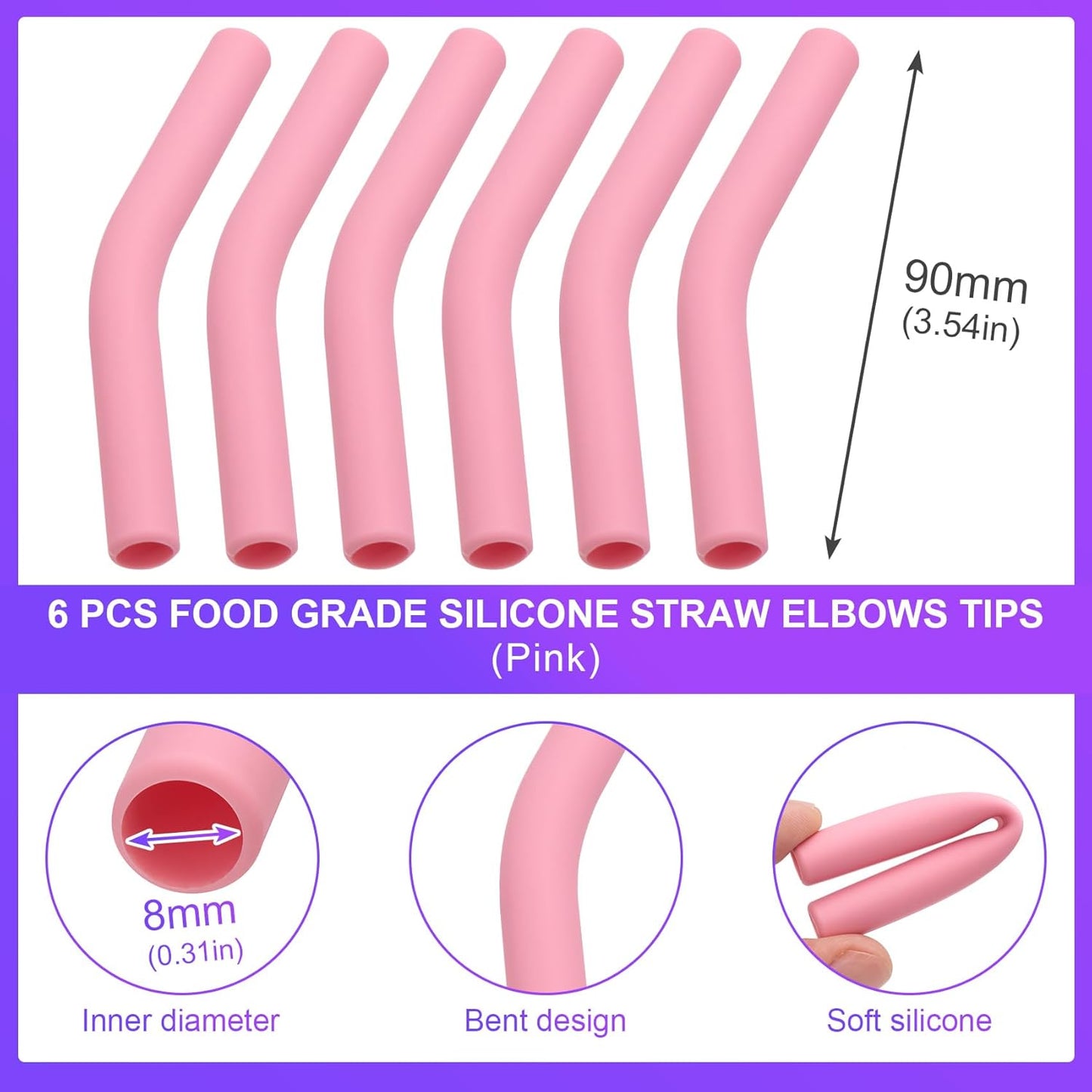 6Pcs Metal Straw Silicone Tips 5/16 IN Wide(8mm Outer Diameter) Food Grade Rubber Straw Covers Flex Elbow Replacement Tip for Stainless Steel Metal Straws, Pink