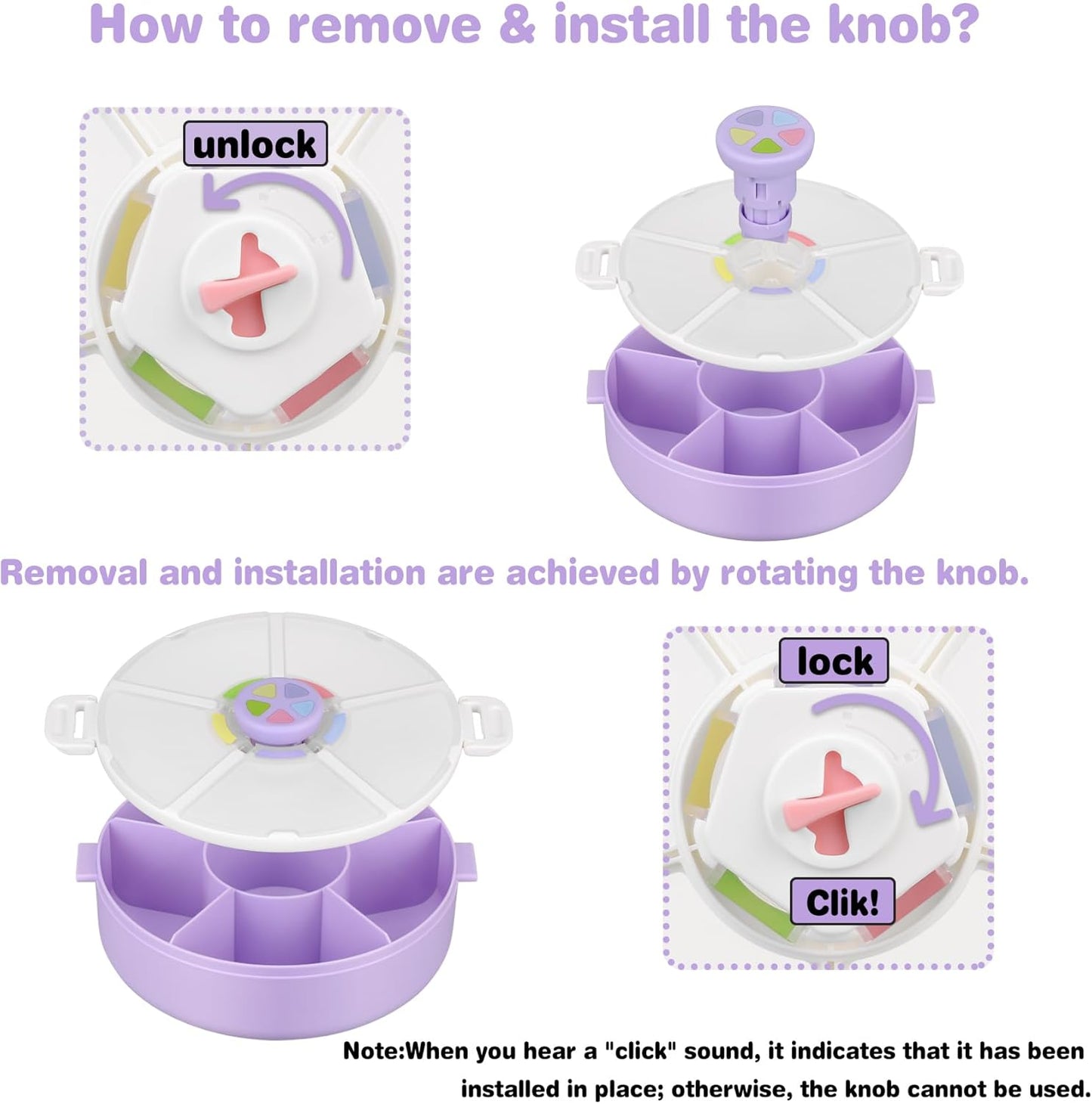 Kids Reusable Rotating Snack Container with 5 Separate Compartments, Color Matching Opening Lid, BPA/PVC-Free, Dishwasher Safe, Perfect for Travel, School Lunches & On-the-Go Snacking-Purple